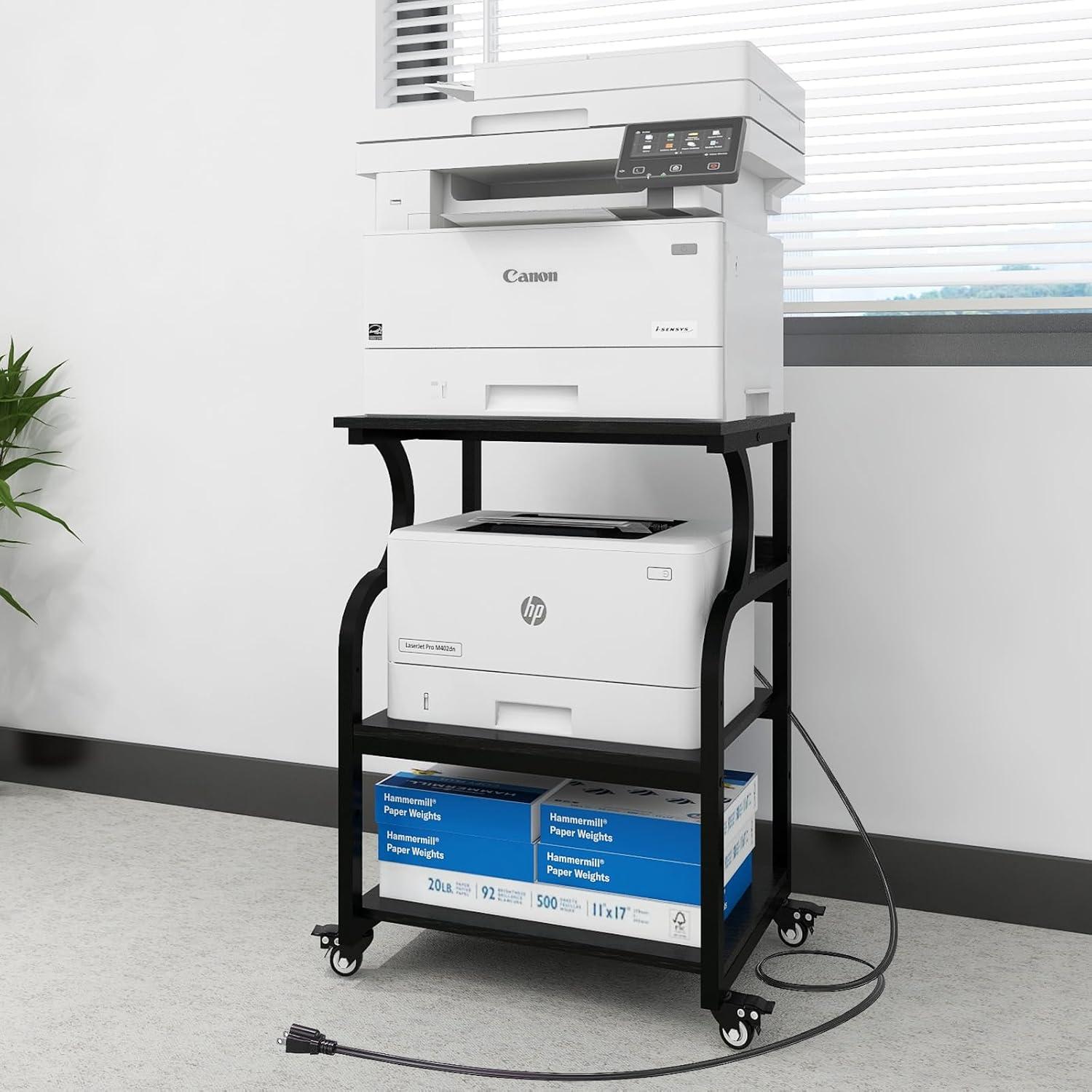 Natwind Large Printer Stand,24''x20''x29''Printer Table with Adjustable Storage Shelf,3 Tier Rolling Printer Cart with Wheels,Home Office Multifunctional Shelves for Heat Press (Black)