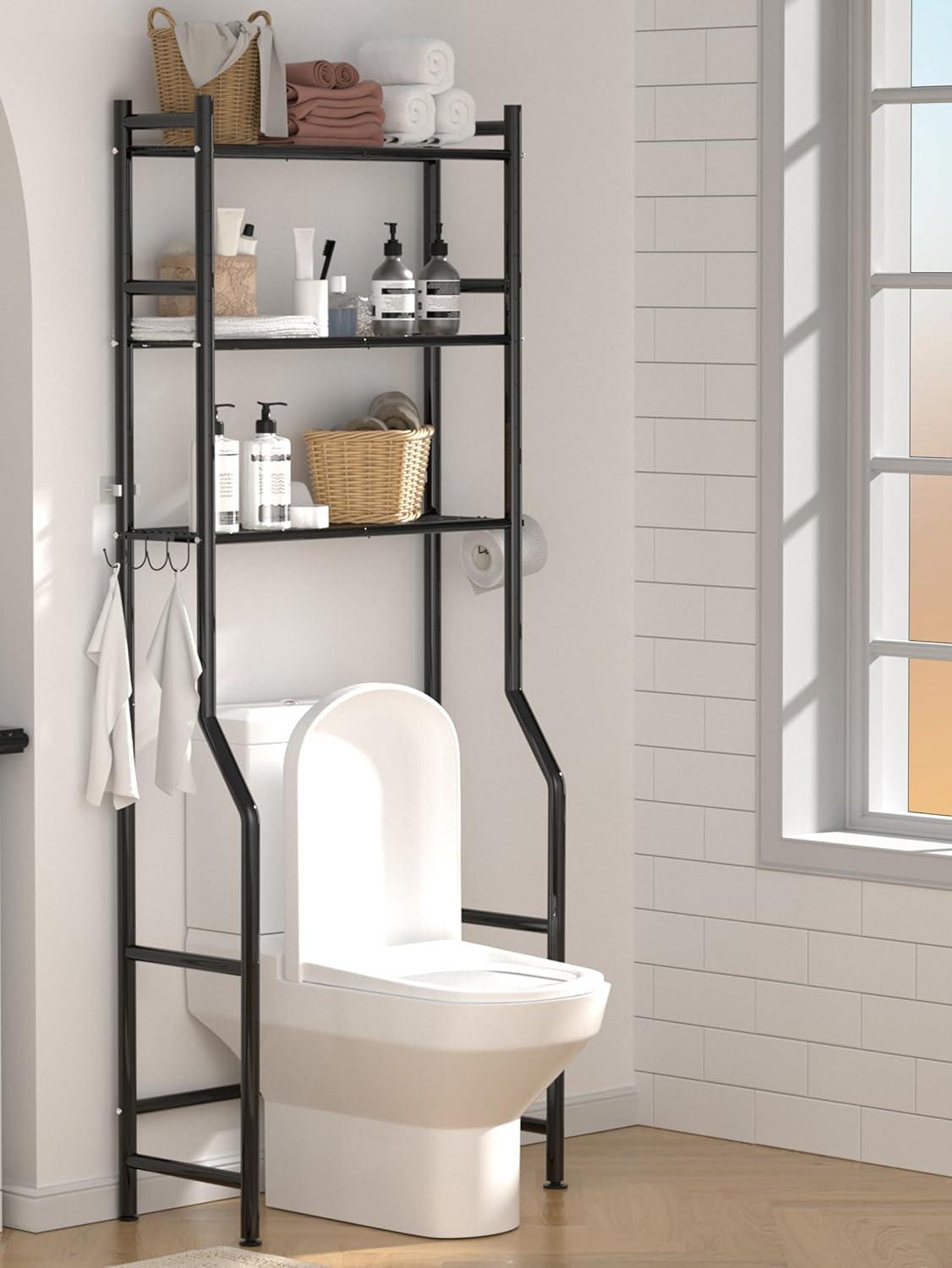 3-Tier Over The Toilet Storage, Space Saver Metal Bathroom Shelves, Freestanding Above Over Toilet Storage Shelf With 4 Hooks For Bathroom, Black