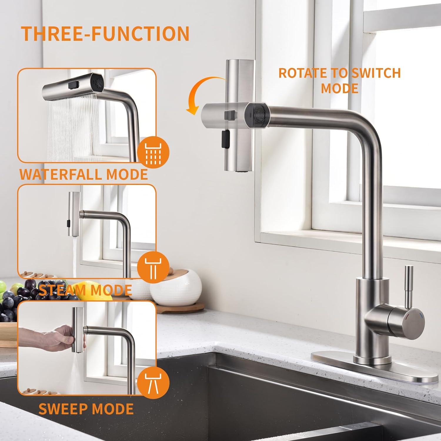 Luxury Waterfall Kitchen Faucet - Brushed Nickel Single Hole Sink Faucet with 3-Mode Pull-Out Sprayer, 360° Swivel, SUS304 Stainless Steel, High Arc, Easy Installation, Durable and Corrosion-Resistant