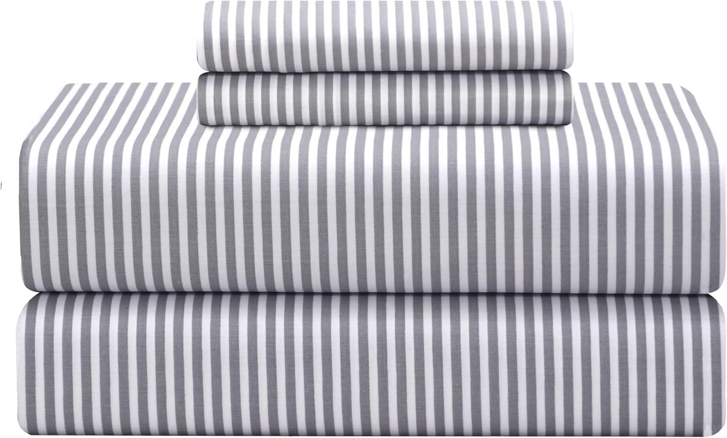 Queen Grey Stripe Cotton Percale Deep Pocket Sheet Set