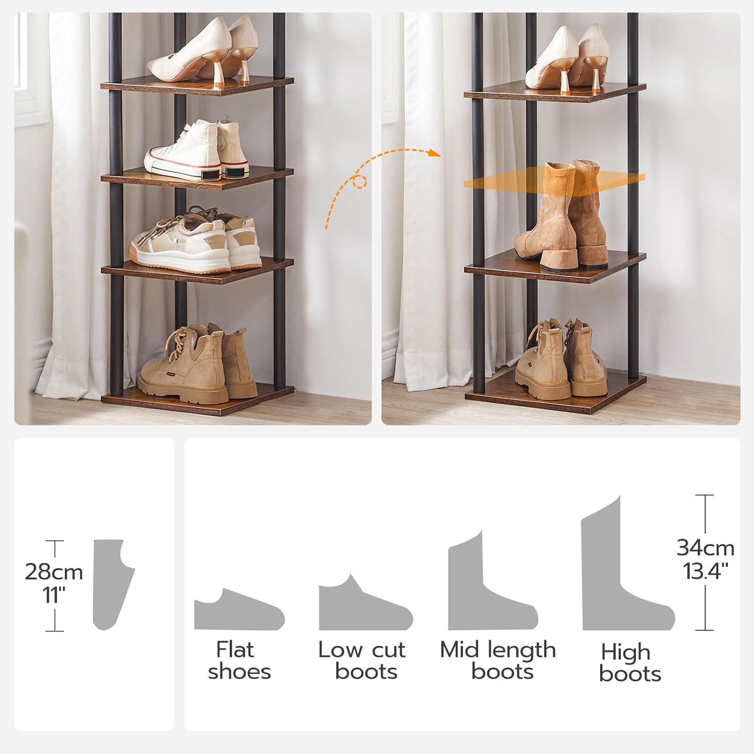 8 Tiers Vertical Shoe Rack, Wooden Shoe Storage Organizer with Hooks, Narrow Shoe Tower for 8 Pairs, Space Saving, for Entryway, Living Room, Bedroom, Rustic Brown BF07XJ01G1