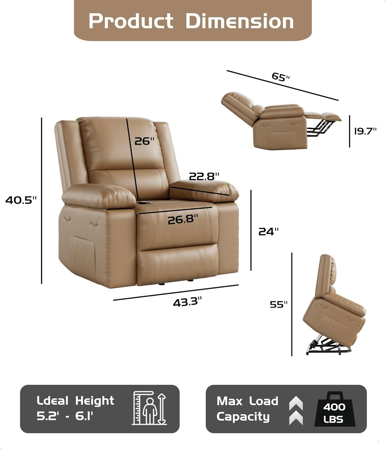 Large Brown Leather Power Lift Recliner with Massage and Heat