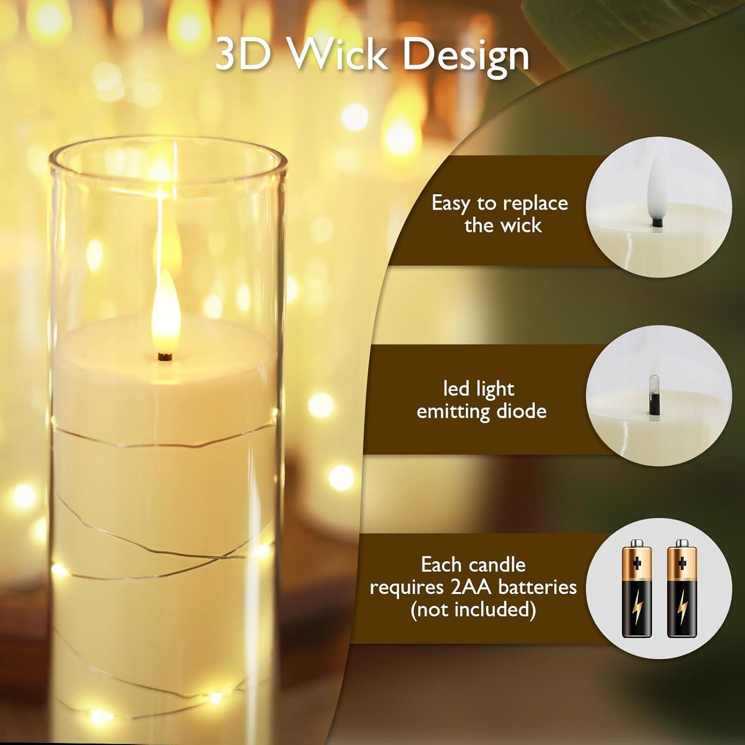 Raycare Flameless LED Candles with Embedded Star String, 9 Pcs Battery Operated Acrylic Pillar Candles with Timer and Remote, Flickering for Romantic Ambiance and Home Decoration (White)
