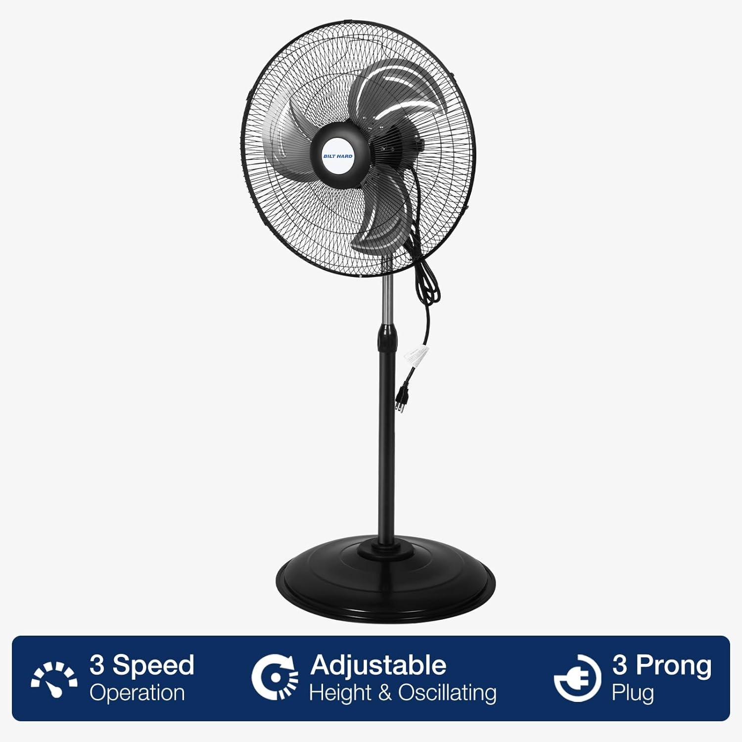 BILT HARD 3900 CFM 18" High Velocity Pedestal Oscillating Fan, 3-Speed Heavy Duty Metal Standing Shop Fan with Aluminum Blades for Commercial, Residential, and Garage, UL Listed
