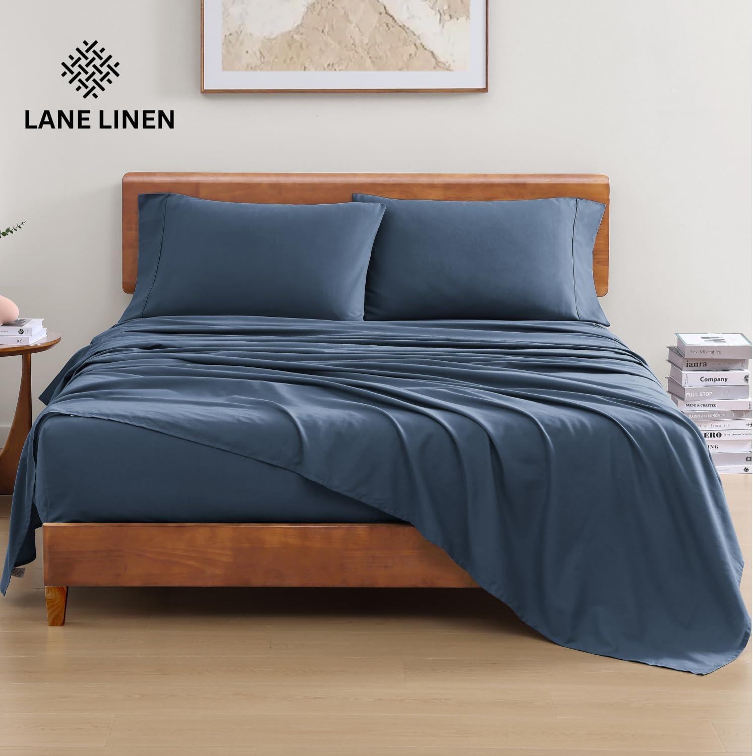 LANE LINEN 100% Organic Cotton Sheets Twin Size, Mercerized Cotton Fully Elasticized Soft & Comfy Bedding Sheets & Pillowcase Set, Good for Dorm Room, Deep Pocket Fully Elasticized Sheet- Navy