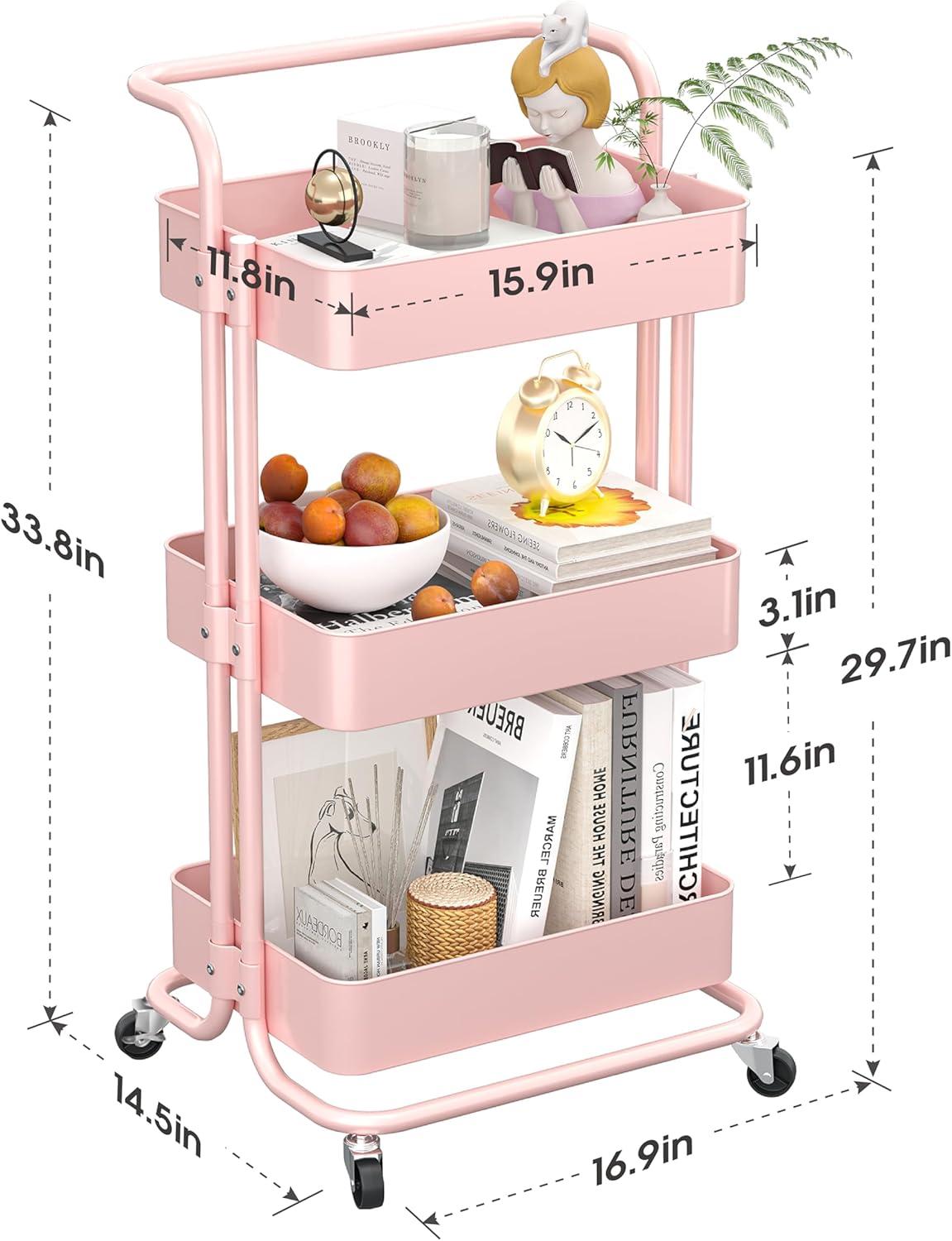 danpinera 3 Tier Rolling Cart Cleaning Organizer Utility Cart with Wheels for Storage Kitchen Bathroom-Pink