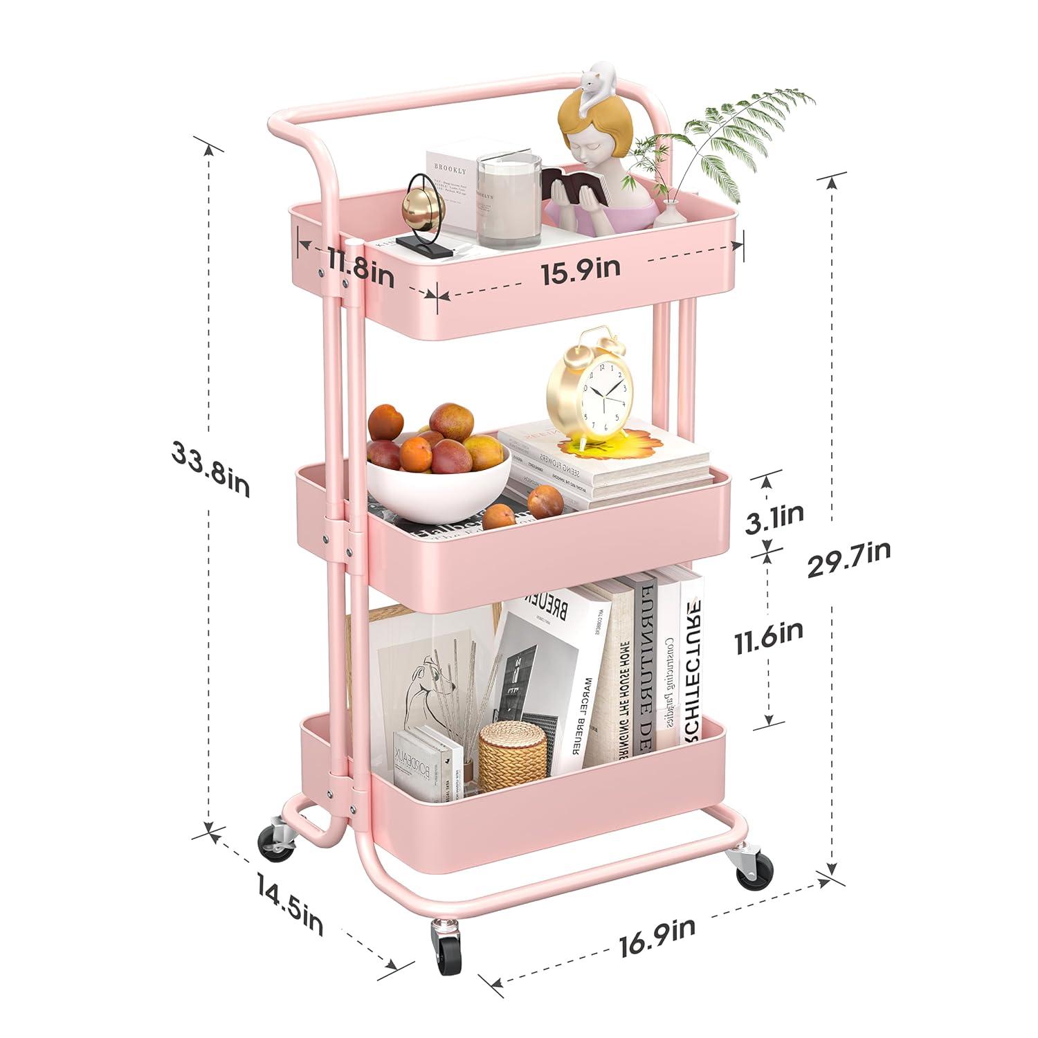 danpinera 3 Tier Rolling Cart Cleaning Organizer Utility Cart with Wheels for Storage Kitchen Bathroom-Pink