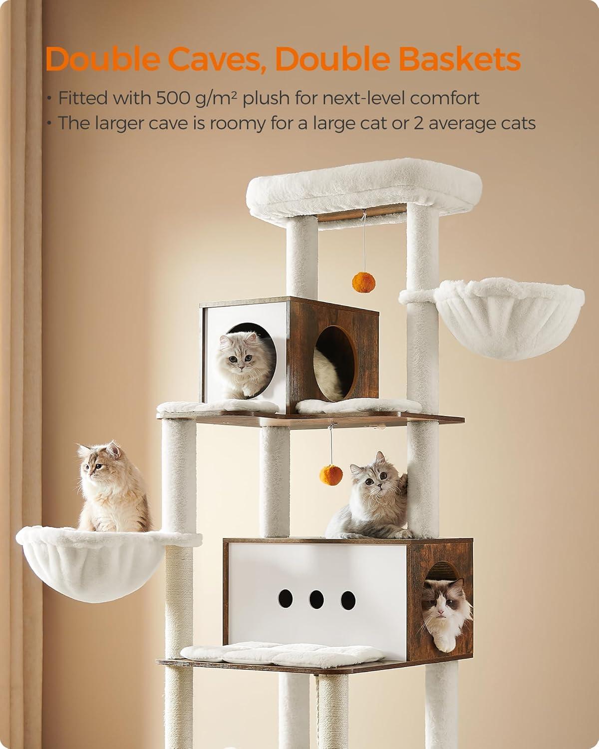 Rustic Brown Multi-Level Cat Tree with Hammocks and Caves