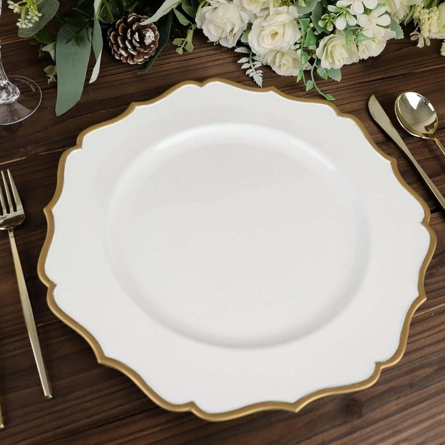 Efavormart 6 Pack | White & Gold 13" Round Scallop Rim Plastic Charger Plates, Tabletop Dinnerware Decor