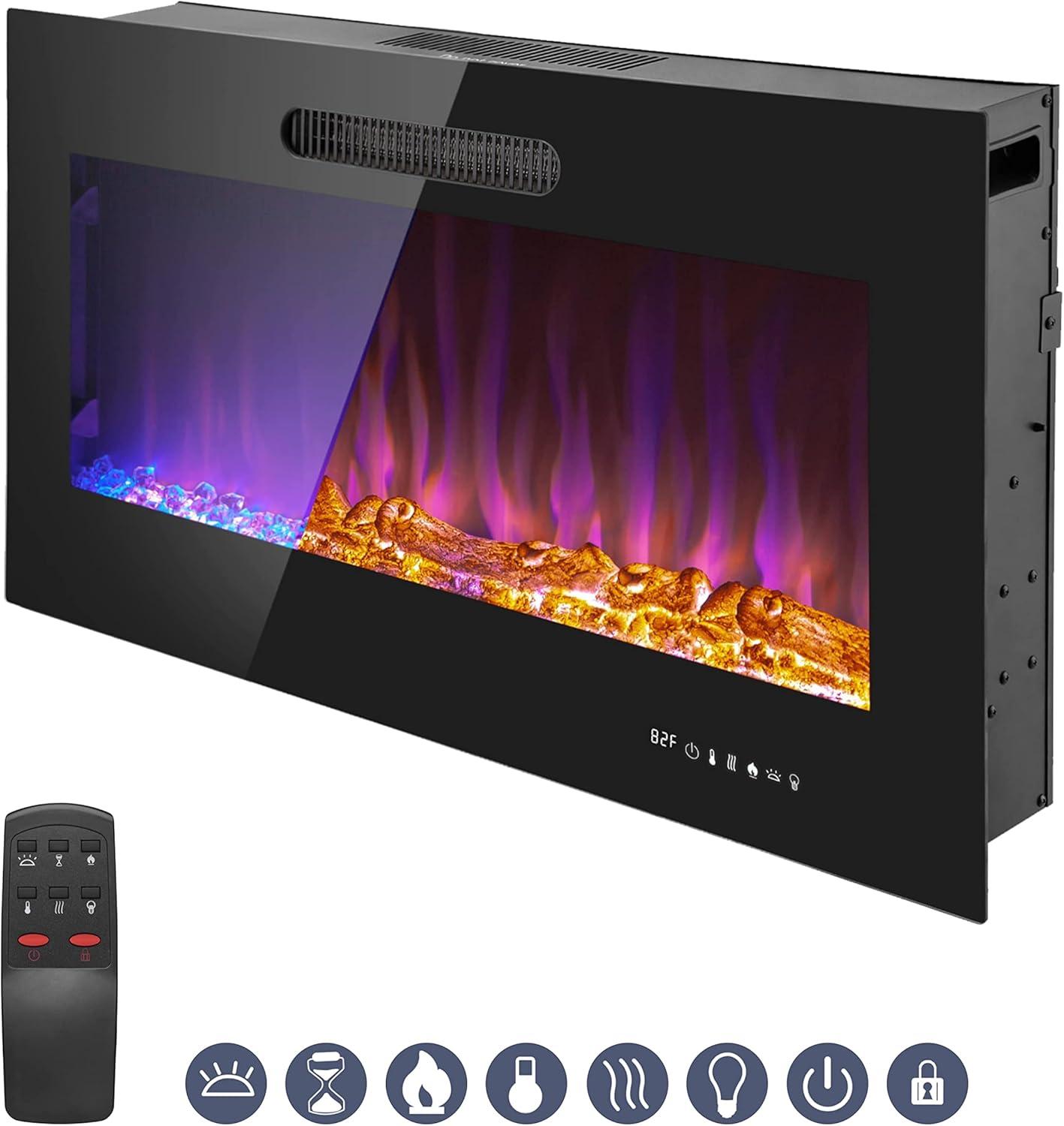 Prominence Home 36x19" Electric Remote Controlled LED Wall Mount Fireplace with Adjustable Heat and Brightness Settings