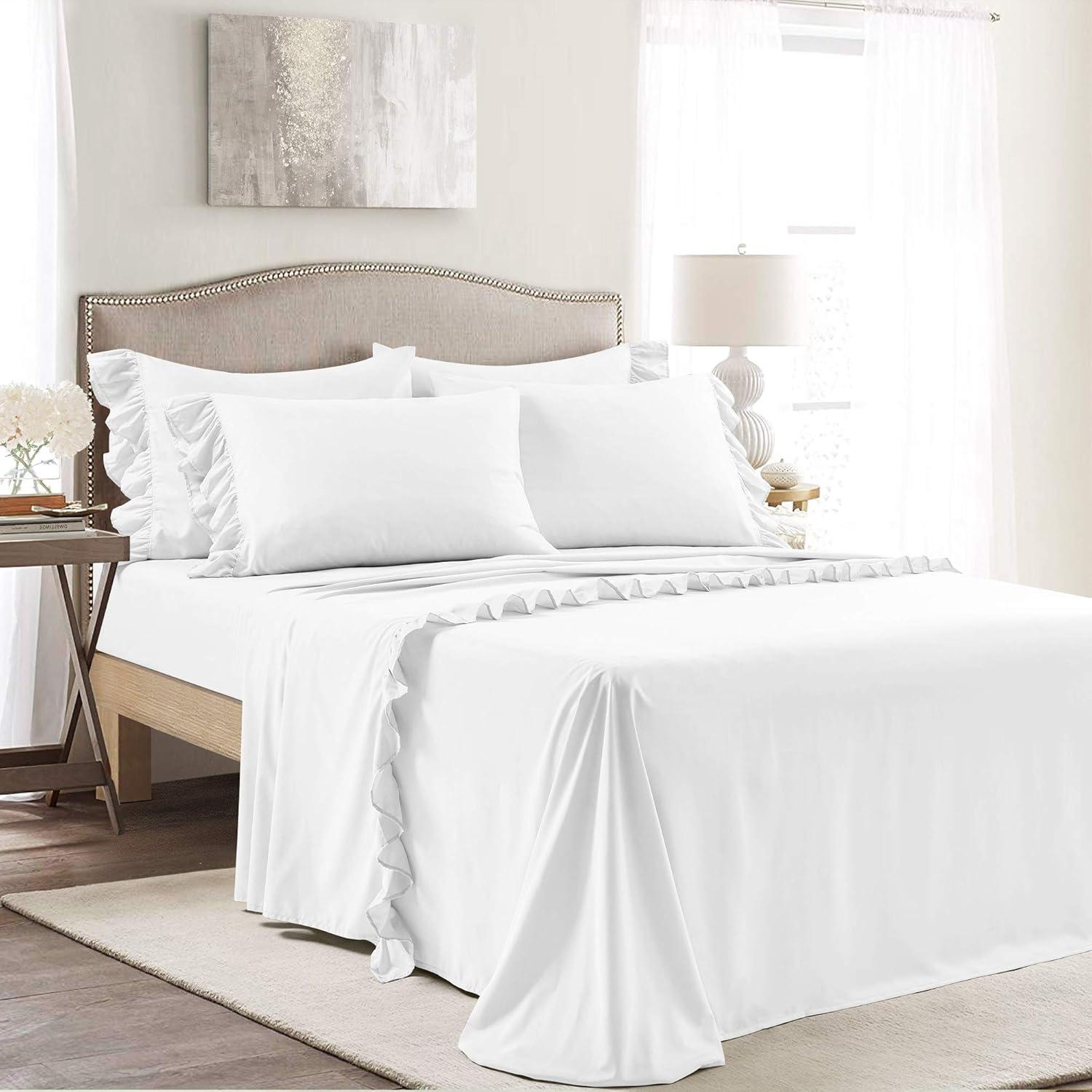 White Twin Ruffle Trim Microfiber Sheet Set