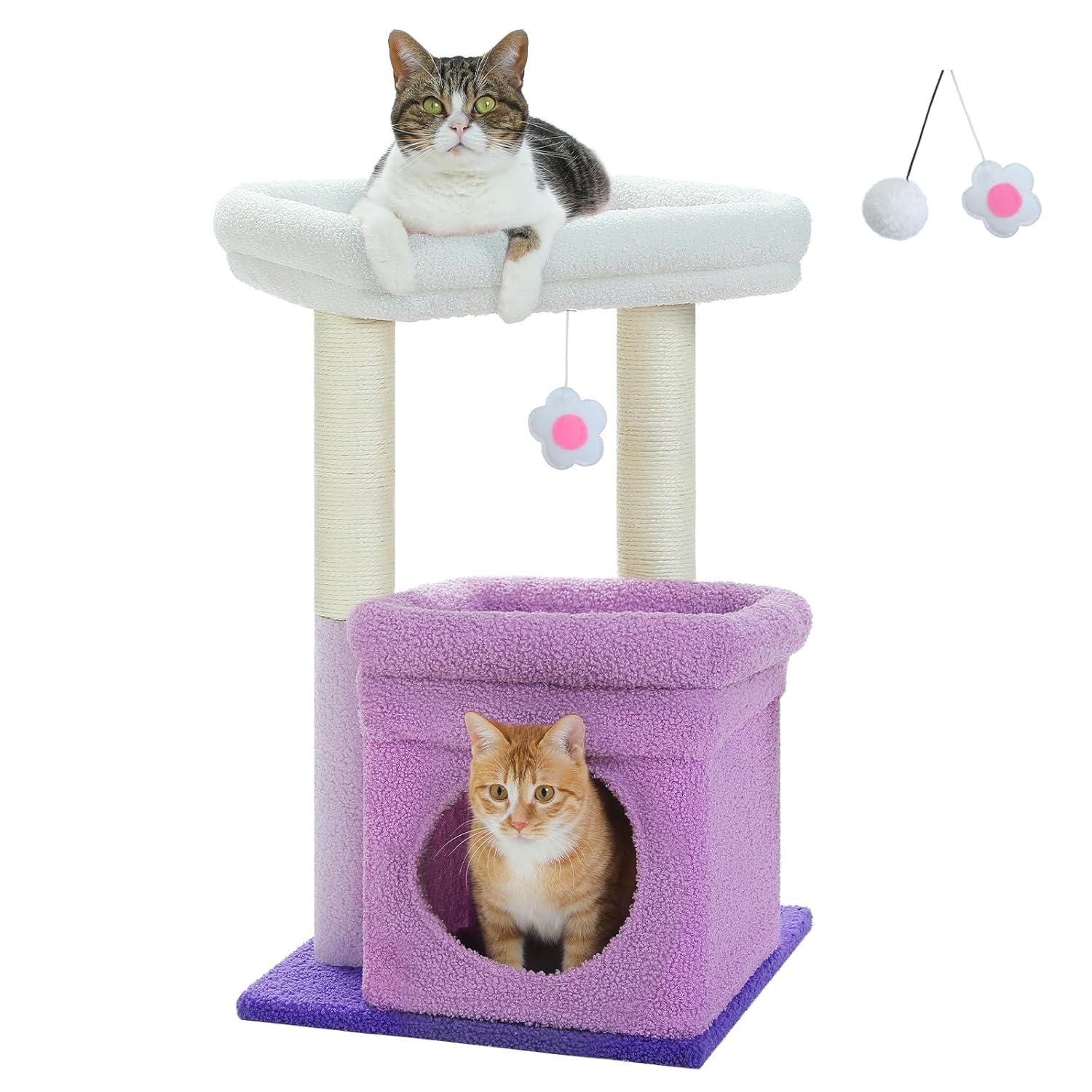 Ezelle Cat Tree Tower Cat Condo House with Sisal Scratching Posts, Flower Top Perch for Indoor Cats
