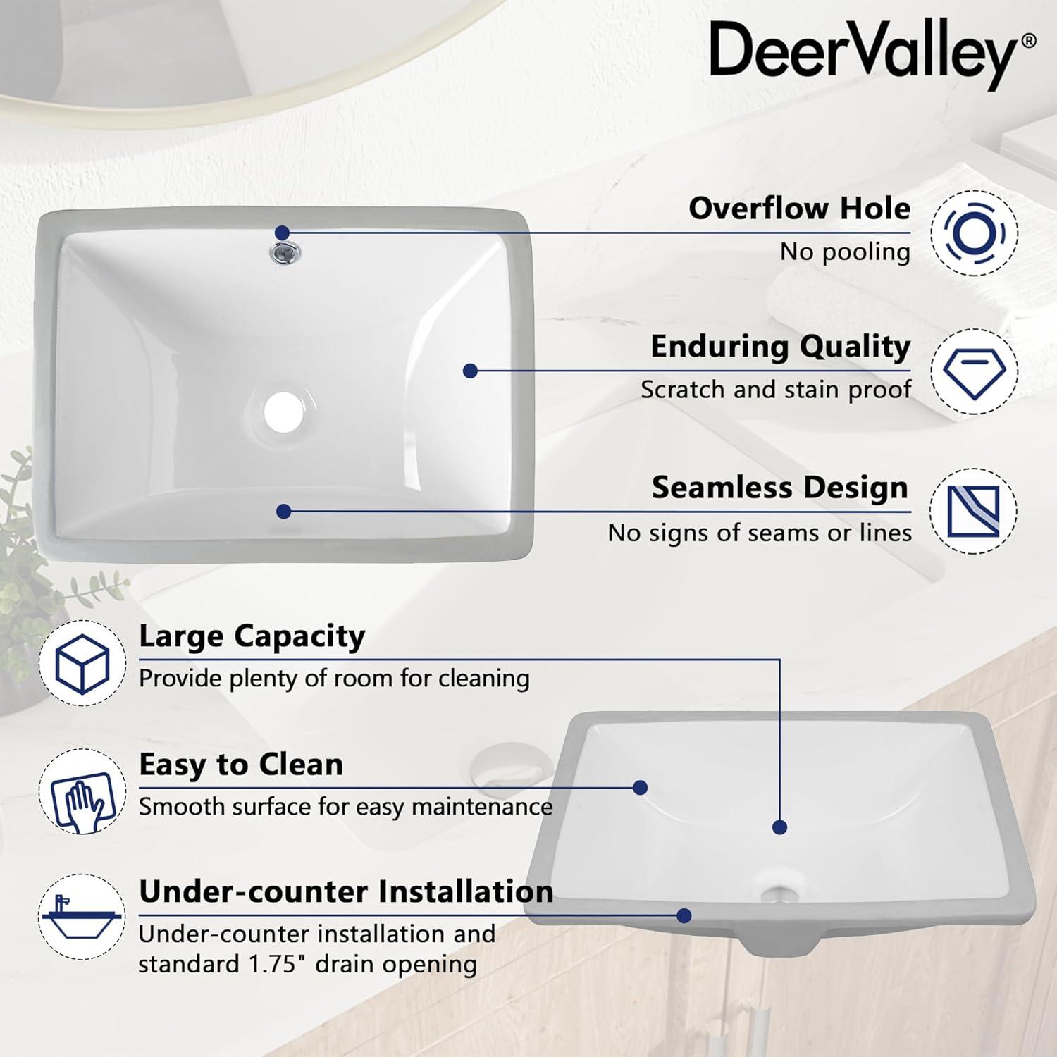 DeerValley Ursa Undermount Bathroom Sink 18" X 13" Rectangular Vitreous China with Overflow