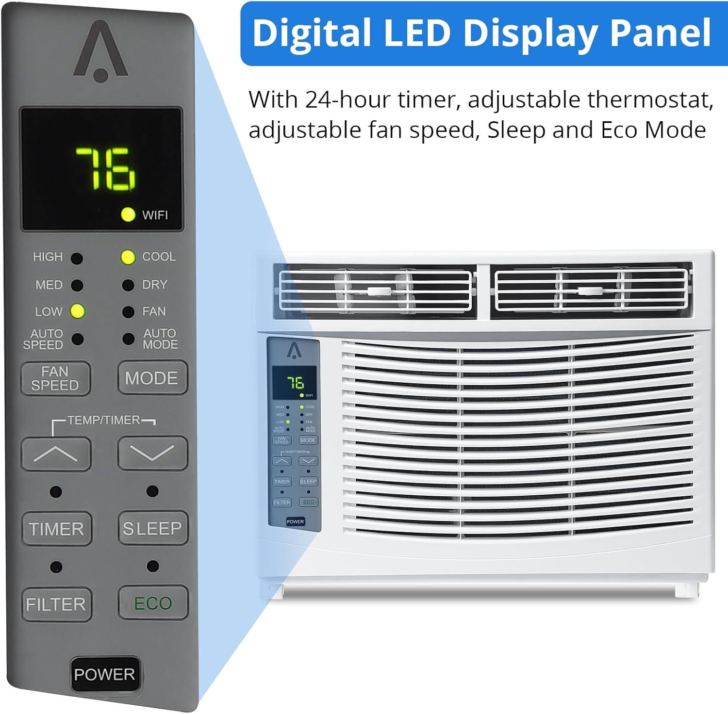 Homhougo 6,000 BTU Window Air Conditioner, 3-in-1 AC Unit (Cooling, Dehumidifying, Fan), Timer, Sleep/ECO Mode, Easy Installation Kit, Cools Rooms Up to 350 Sq.Ft, 115V/60Hz