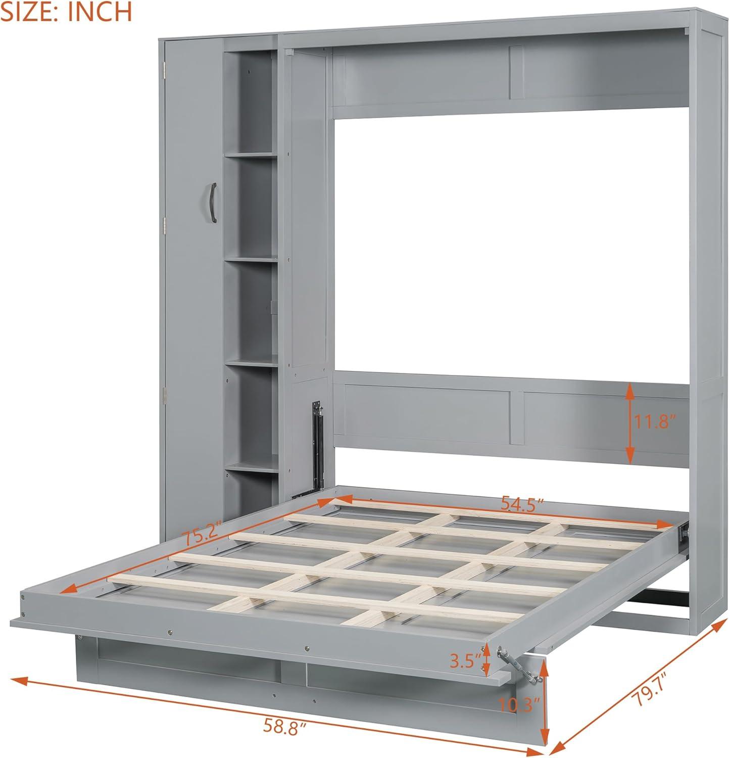 P PURLOVE Murphy Bed Full, Wood Wall Bed with Shelves, Wardrobe and LED Lights, No Box Spring Needed (Gray)