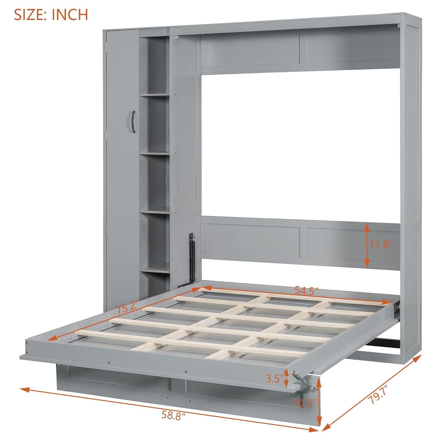 P PURLOVE Murphy Bed Full, Wood Wall Bed with Shelves, Wardrobe and LED Lights, No Box Spring Needed (Gray)