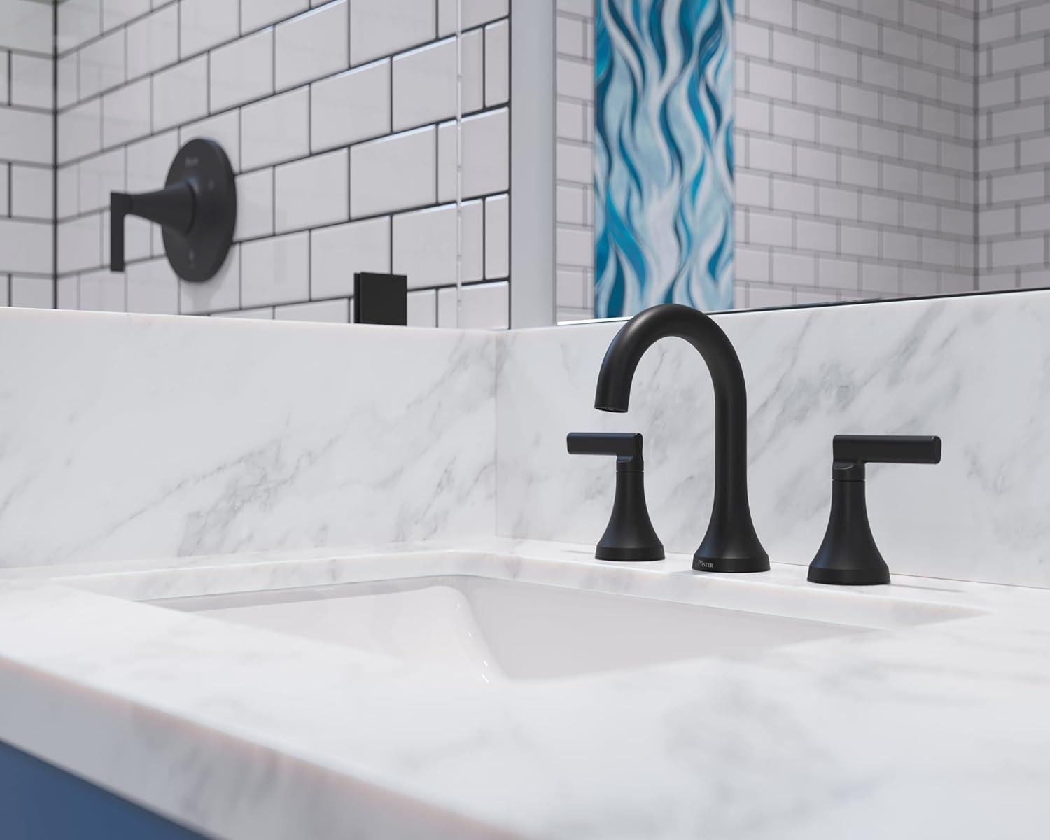Vedra 8 in. Widespread Double Handle High Arc Bathroom Faucet with Drain Kit Included in Matte Black