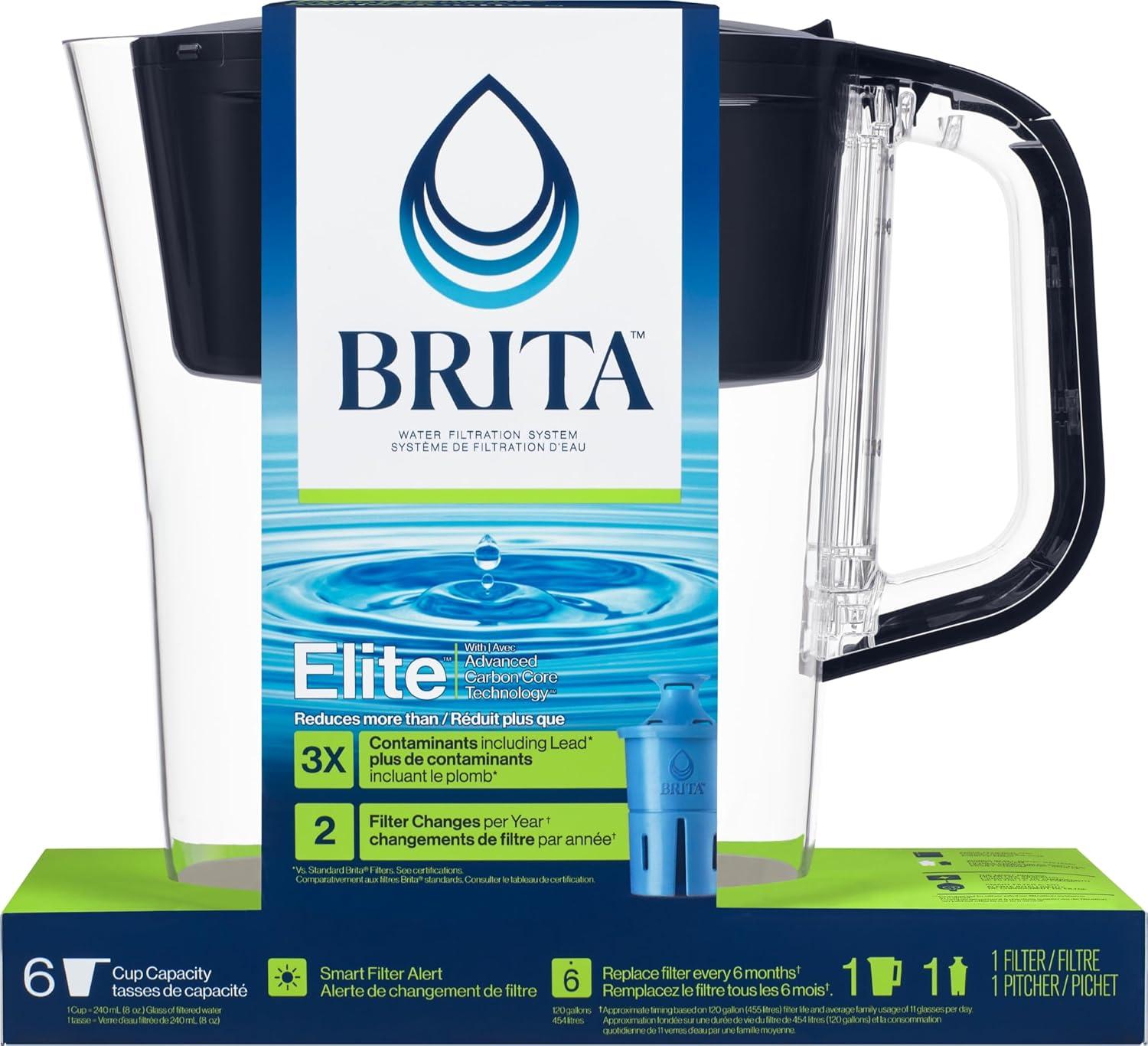 Brita Soho 6-Cup Black Water Filter Pitcher with Elite Filter, Reduces Lead