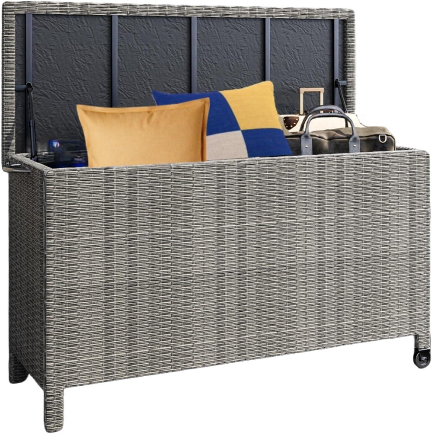 Gray Wicker 120 Gallon Deck Box with Wheels