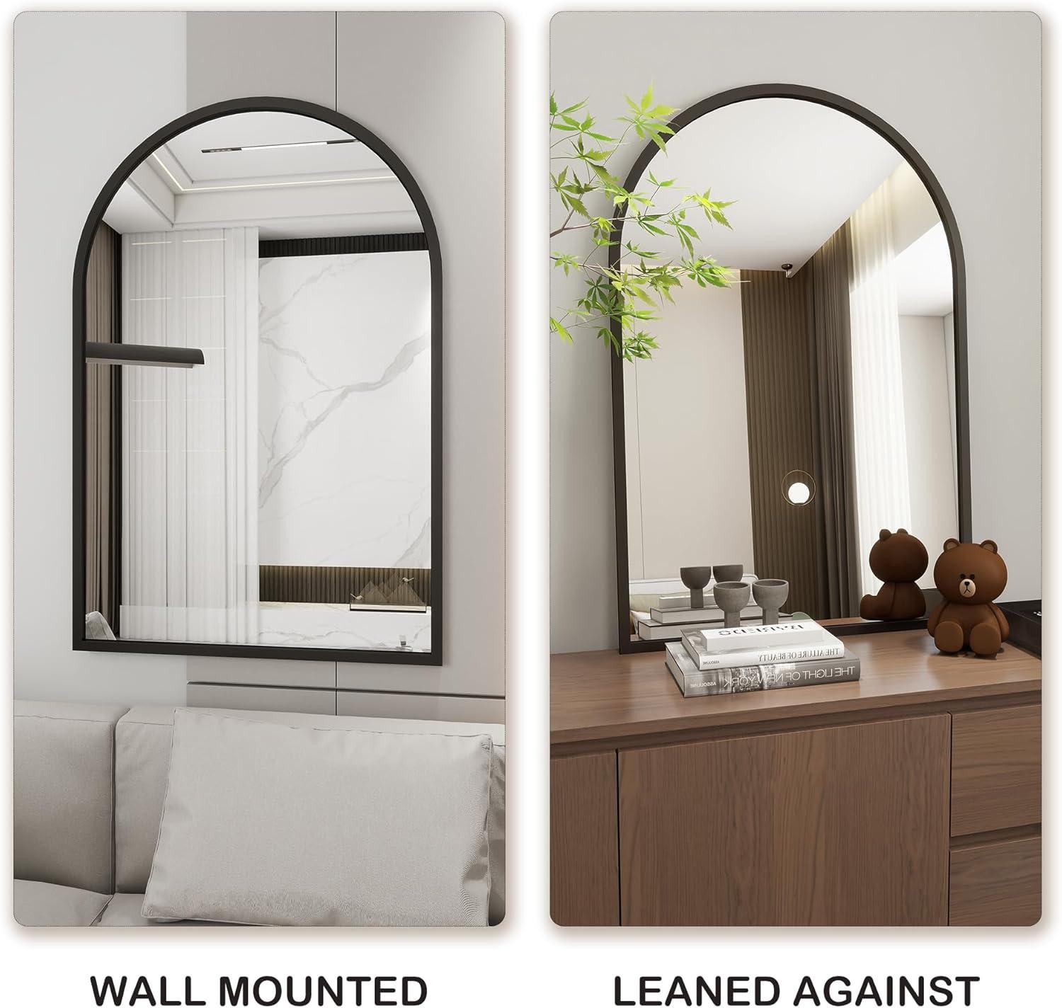 Black Aluminum Framed Arched Wall Mirror, 20x30 Inch