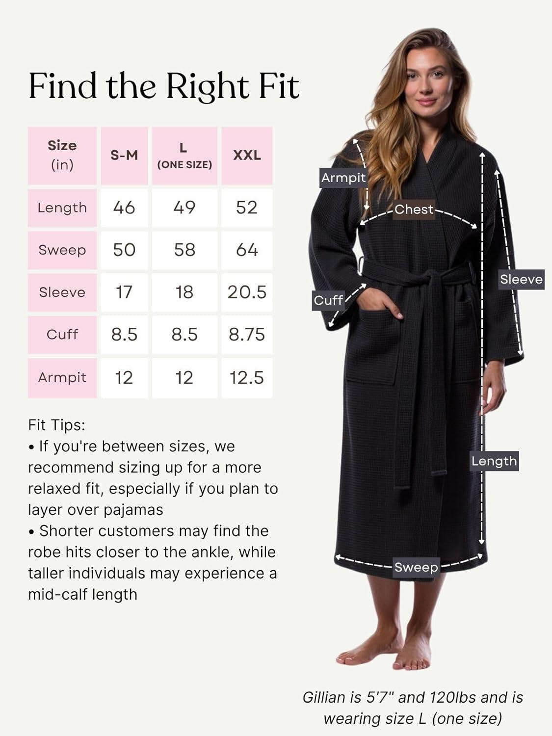 Turquaz Linen Lightweight Long Waffle Kimono Unisex Spa Robe (One Size, Black)