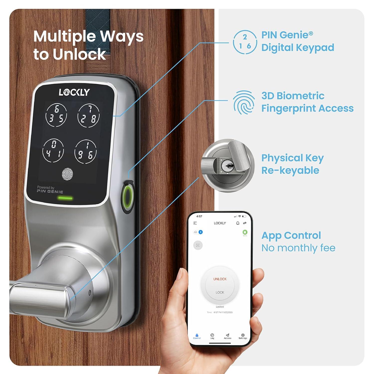Lockly Secure Pro Latch Wi-Fi Smart Locks Satin Nickel Smart Lock Electronic Handle with Wifi Bluetooth and Fingerprint Touchscreen Keypad