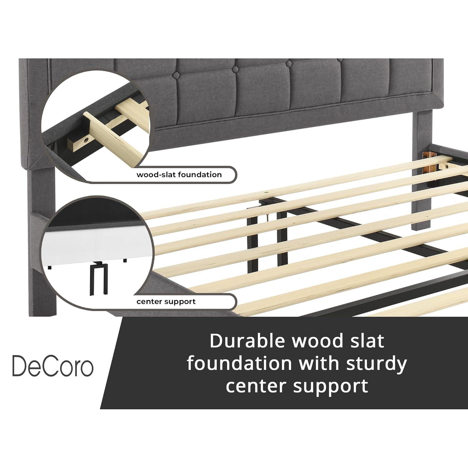 DeCoro Mornington Upholstered 2.0 Platform Full Size Bed Frame with Headboard for Indoor Use, Bedrooms, and Sleep Essentials, Queen, Grey