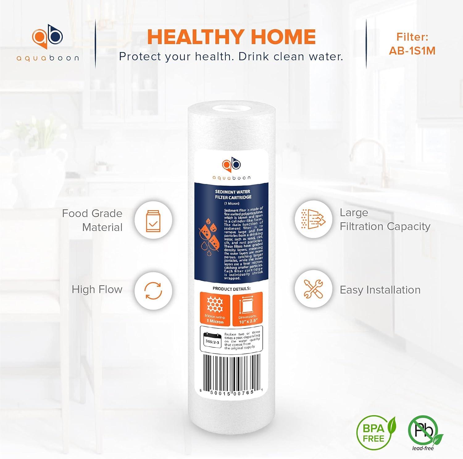 Aquaboon 6-Pack of 1 Micron 10" Sediment Water Filter Replacement Cartridge for Any Standard RO Unit | Whole House Sediment Filtration | Compatible with DuPont WFPFC5002, Pentek DGD series, RFC