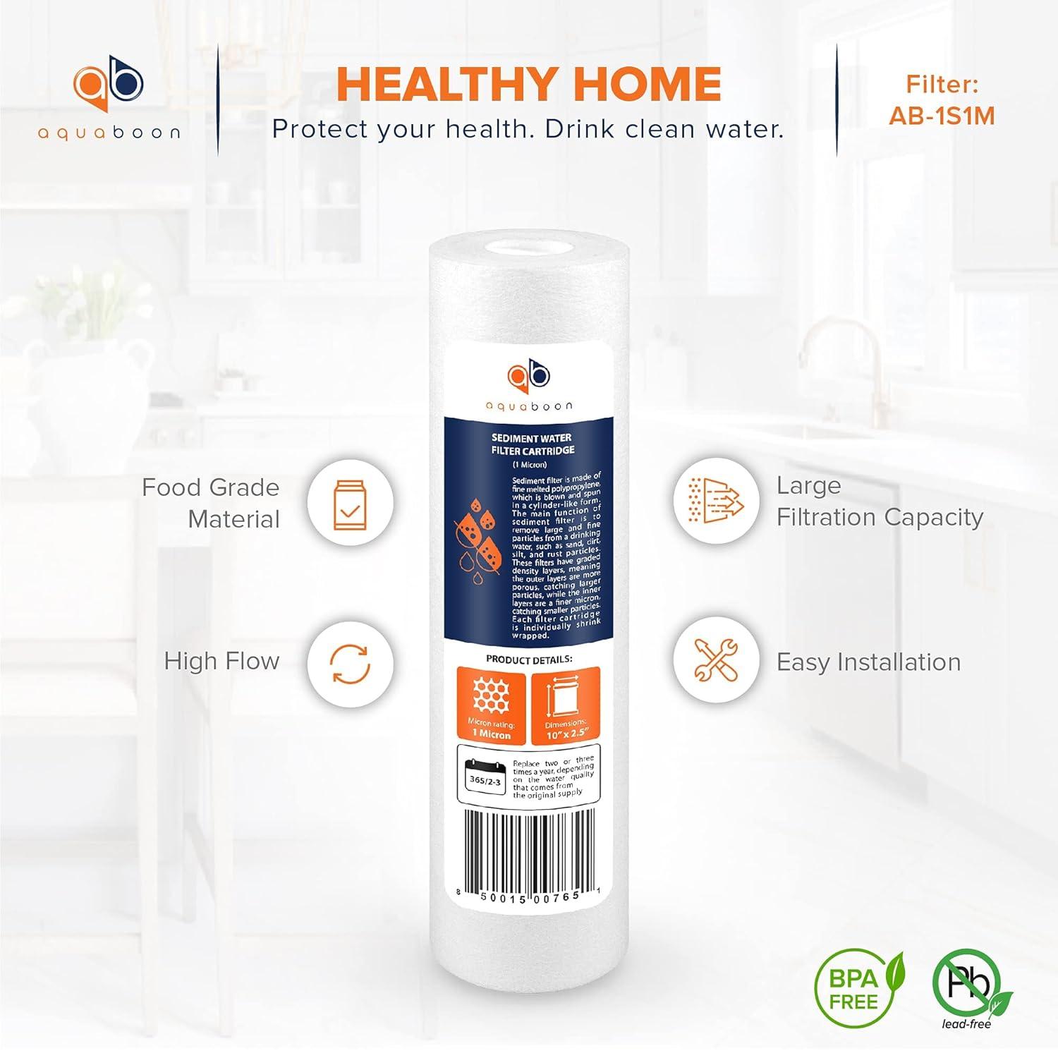 Aquaboon 6-Pack of 1 Micron 10" Sediment Water Filter Replacement Cartridge for Any Standard RO Unit | Whole House Sediment Filtration | Compatible with DuPont WFPFC5002, Pentek DGD series, RFC