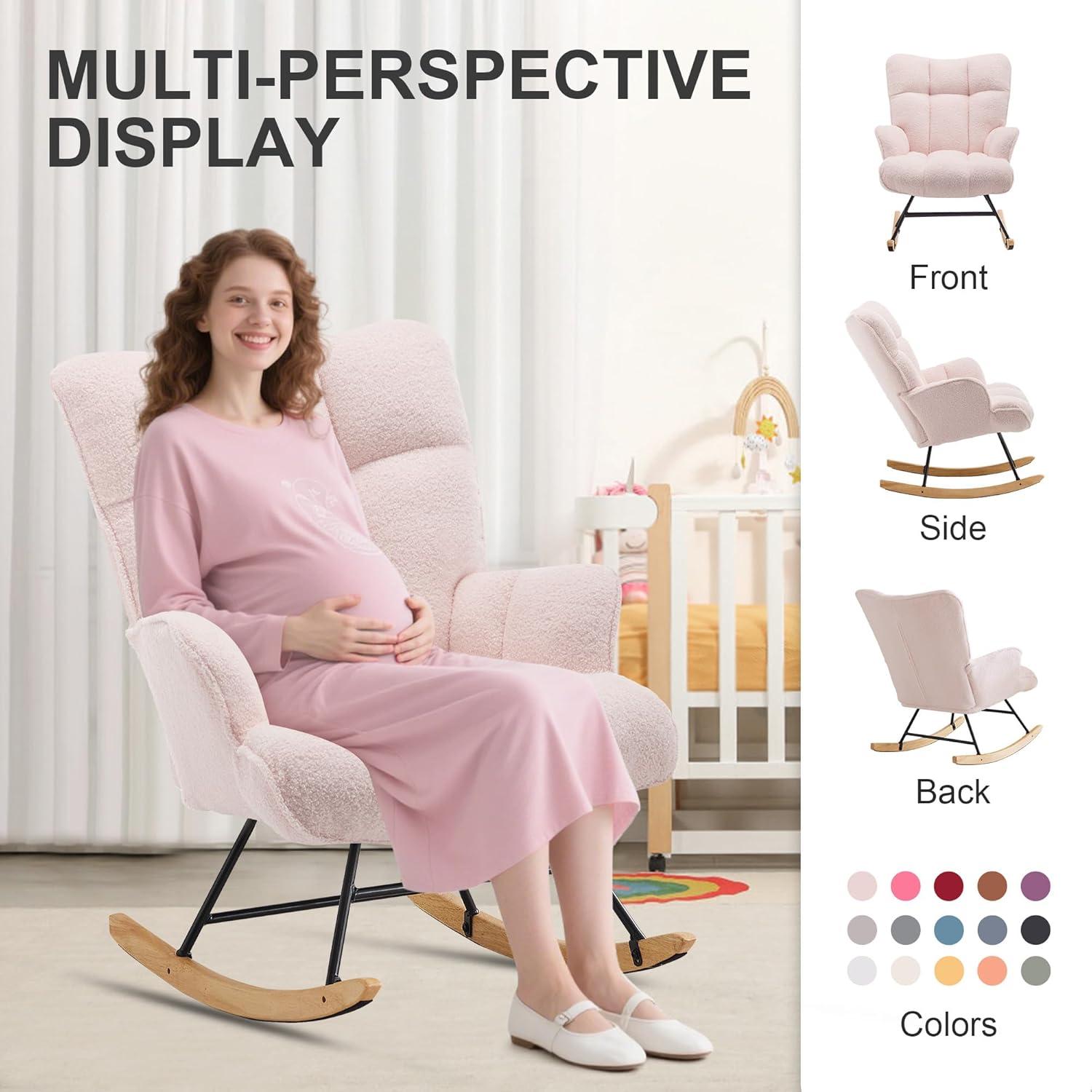 Nursery Rocking Chair Teddy, Upholstered Glider Rocker with High Backrest, Comfortable Stylish Accent Armchair with Padded Seat for Living Rooms, Bedrooms, Offices