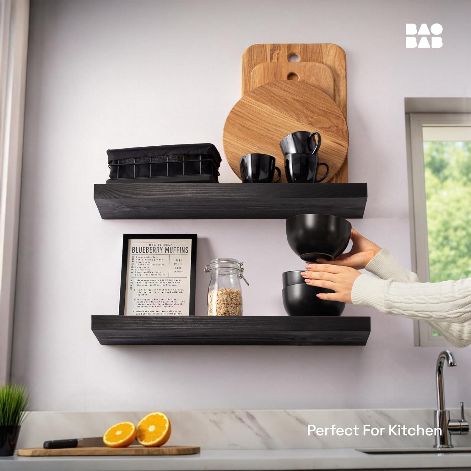 Baobab Workshop Solid Wood Floating Shelves, Wooden Shelves for Wall (Set of 2)