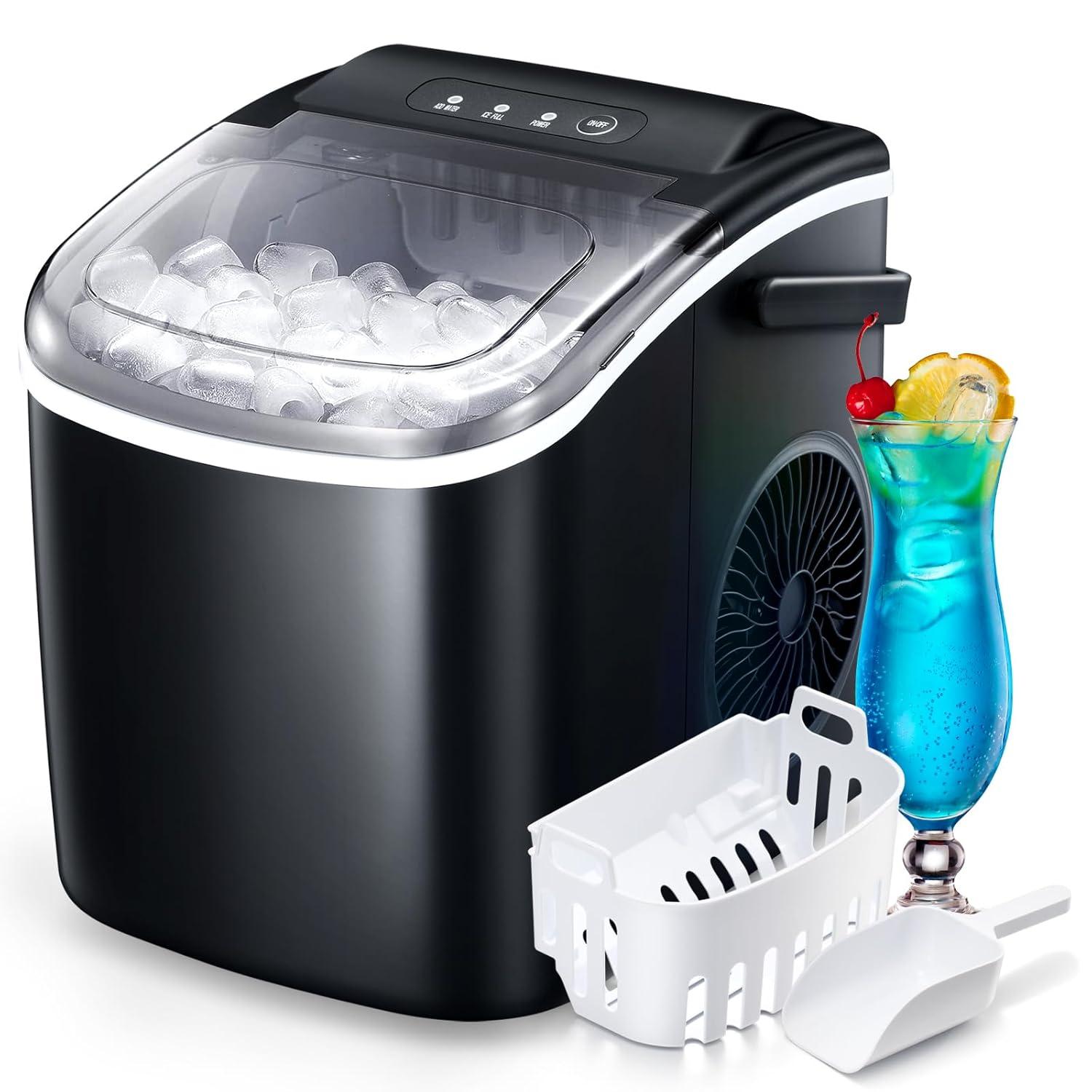 R.W.FLAME Ice Makers Countertop with Handle,26.5Lbs/24H,9 Cubes in 6 Mins,2 Sizes of Bullet Ice,Portable Ice Maker Machine with Self-Cleaning, green
