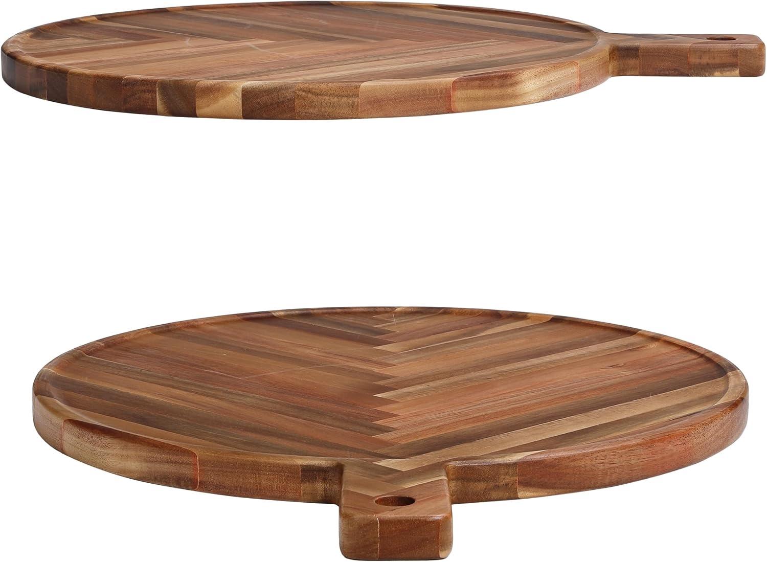 Large Round Acacia Wood Herringbone Serving Board with Handle
