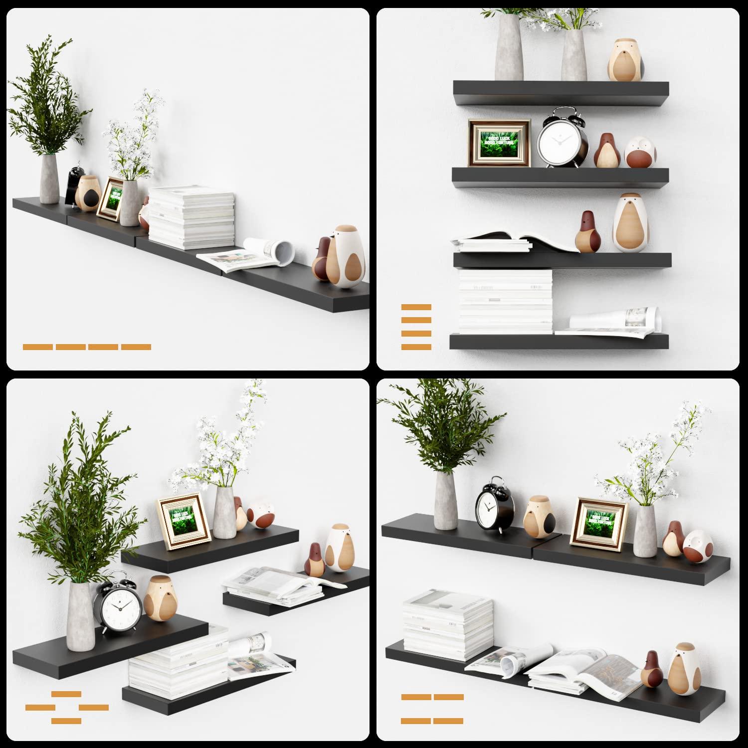 Black Floating Shelves for Wall, 4 Sets Wall Mounted Shelves, Display Shelves for Wall Decor, Shelf for Bathroom, Kitchen, Living Room – Black