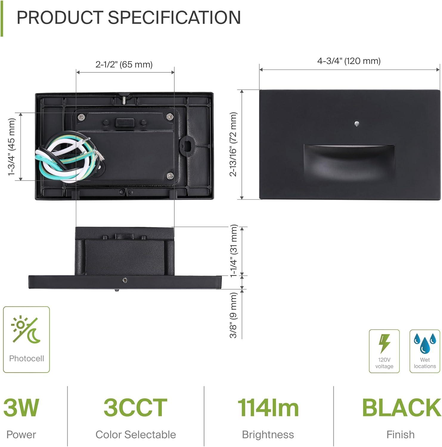 ASD LED Step Light Fixture | 3W 120LM 3000K-5000K 120V | 3CCT, Photocell, Waterproof, ETL Listed | Dusk To Dawn Stair Lamp, Outdoor Tread Lighting, Staircase Spotlight | Black, 4 Pack