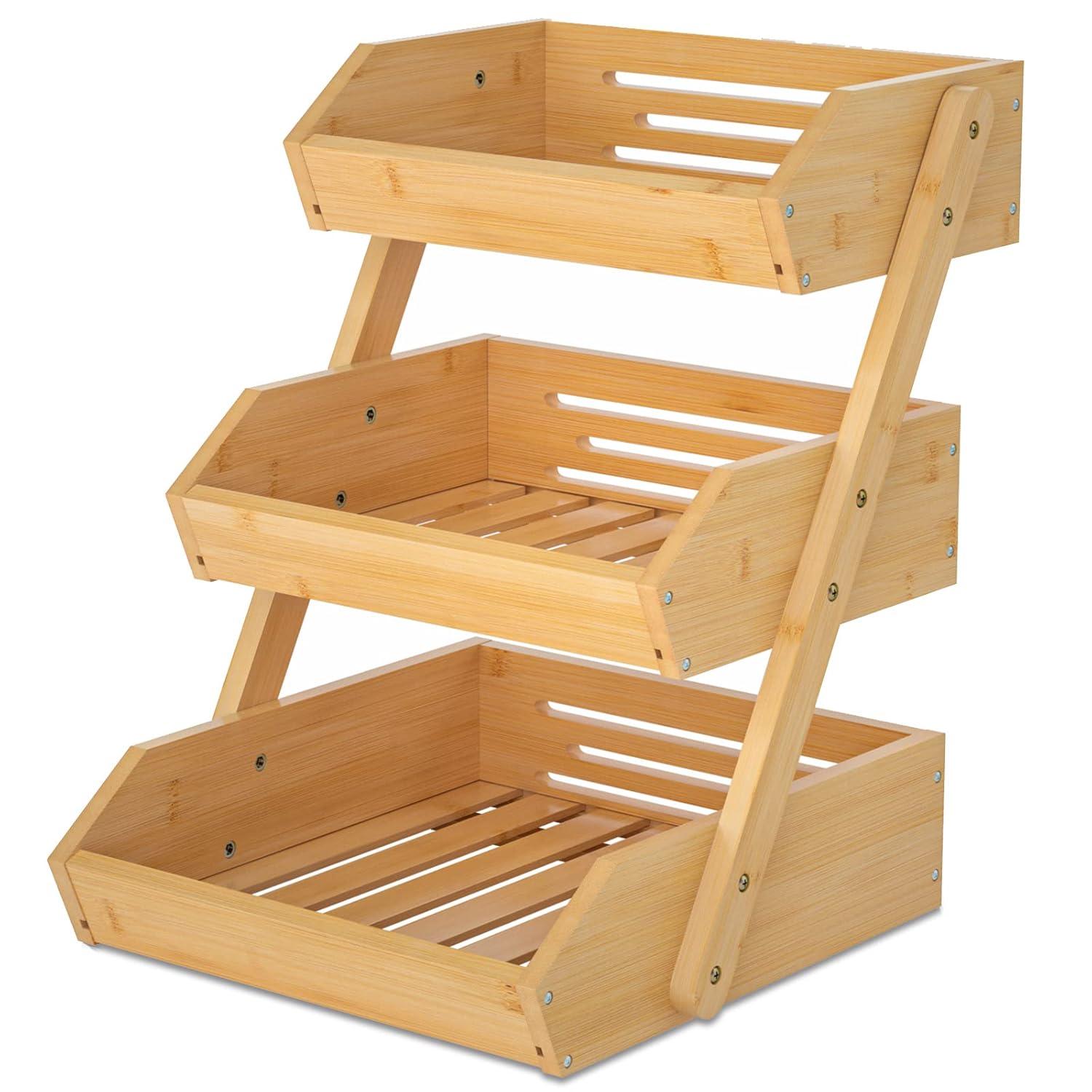 3 Tier Wooden Fruit Basket For Kitchen, Bread Vegetable Fruit Basket Bowl Stand, Farmhouse Fruit Bowl for Countertop, Large