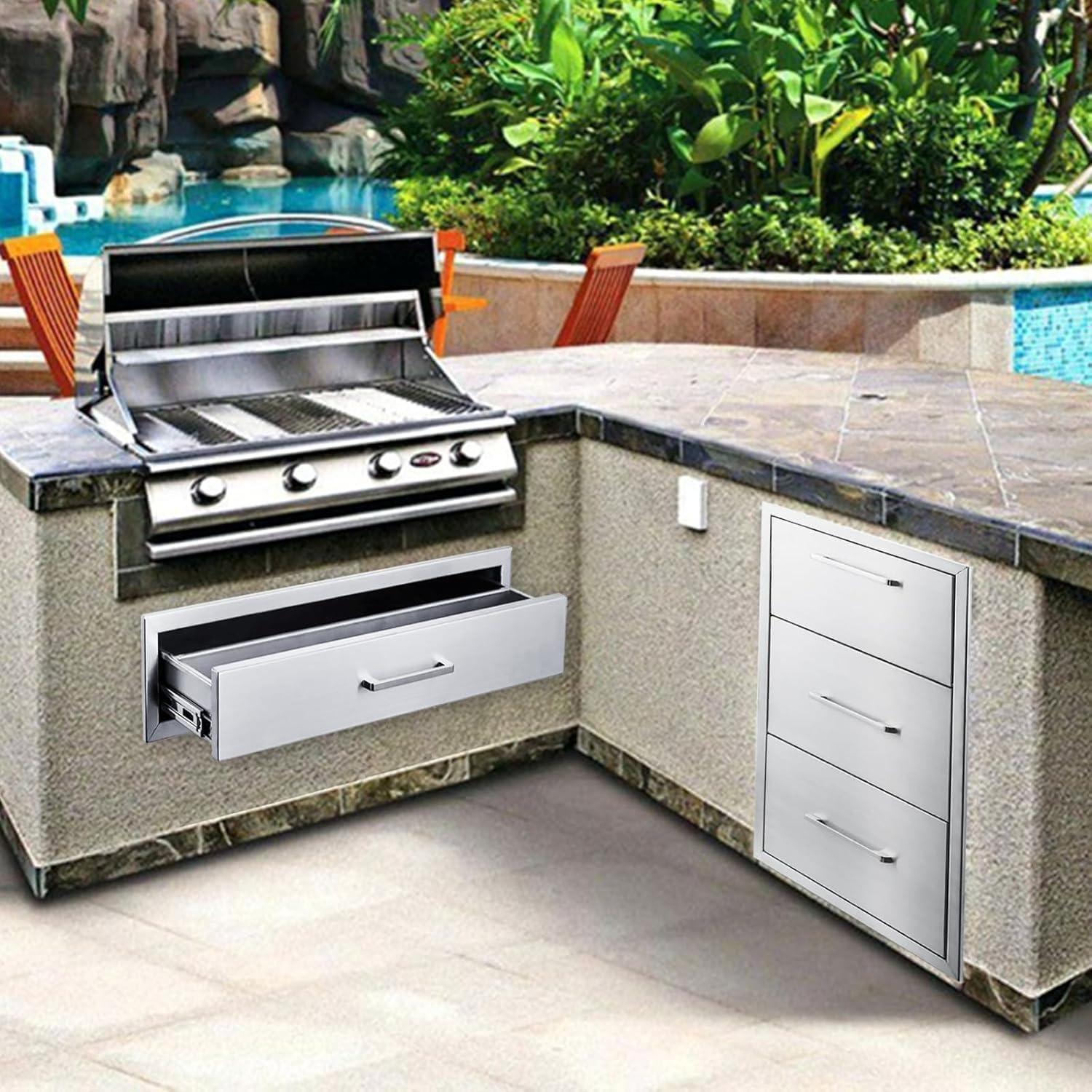 17W30H21D Inch Outdoor Kitchen Drawers Stainless Steel Double Drawer w/Paper Towel Holder Combo Works with Your Grilling or Prep Zones for Outdoor BBQ Island