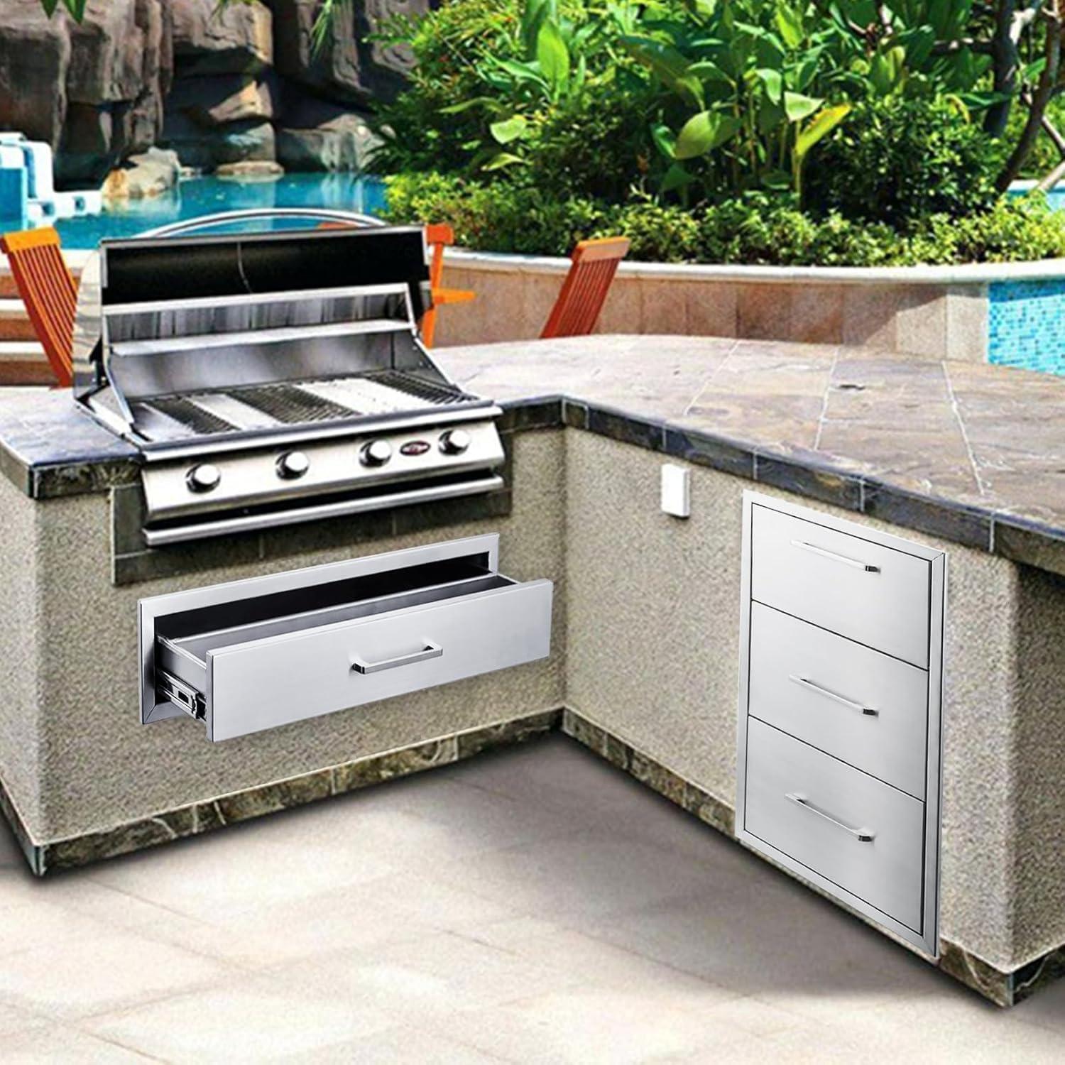 17W30H21D Inch Outdoor Kitchen Drawers Stainless Steel Double Drawer w/Paper Towel Holder Combo Works with Your Grilling or Prep Zones for Outdoor BBQ Island