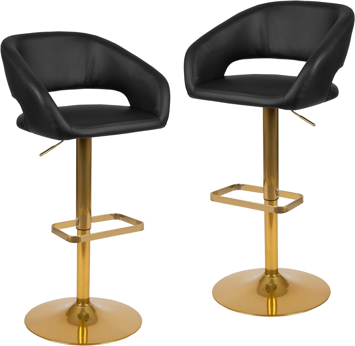 Black Vinyl Adjustable Height Barstool with Gold Base, Set of 2