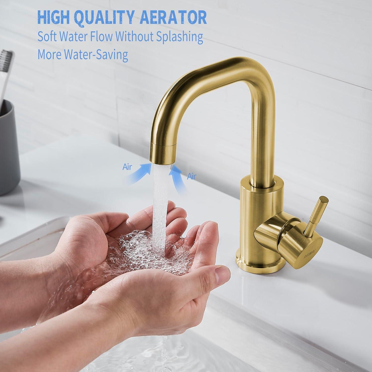 Single Hole Bathroom Sink Faucet Brushed Gold, Modern Single Handle Bathroom Faucet Stainless Steel Swivel Spout Commercial RV Bathroom Faucet Wet Bar Faucet