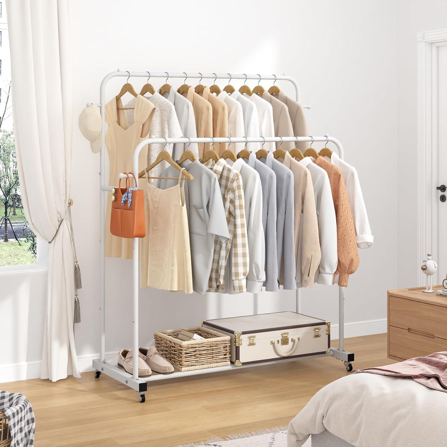 White Double Rods Garment Rack with Wheels and Hooks