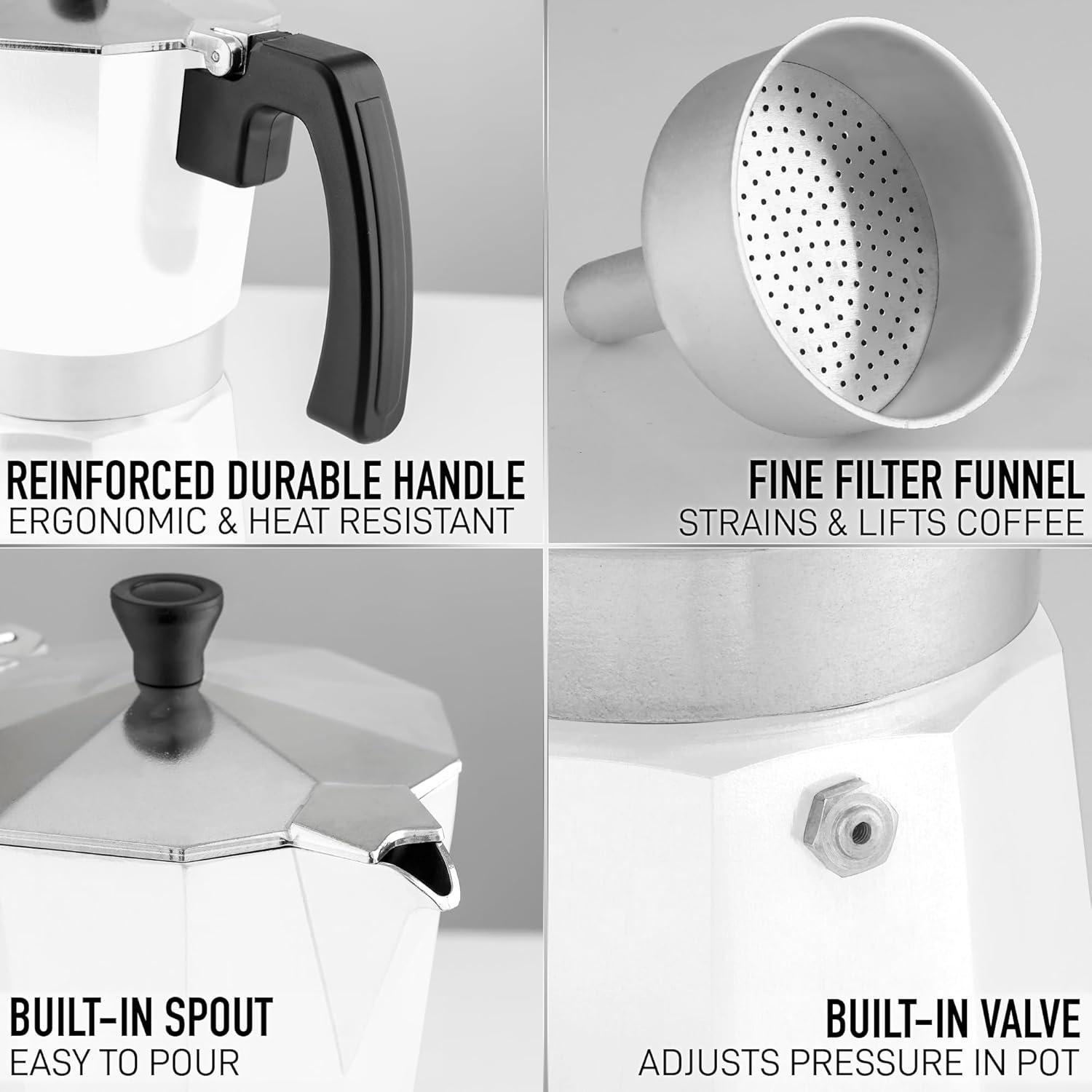 Zulay Moka Pot Espresso Stovetop Coffee Maker - Leak-Proof, Stainless Steel, Easy to Clean, Heat Resistant Handle & Knob - for Authentic Cuban & Italian Style Espresso - Makes 6 Espresso Cups - White
