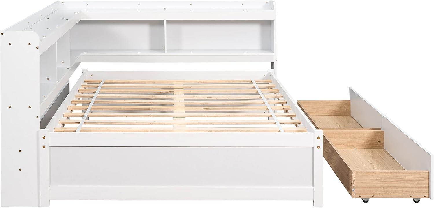 Full Size Platform Bed with L-Shaped Side Bookcase, Wooden Daybed Frame with Two Drawers and Wood Slats Support, Modern Captain Bed for Girls Boys Teens Adults Bedroom, No Box Spring Needed, White