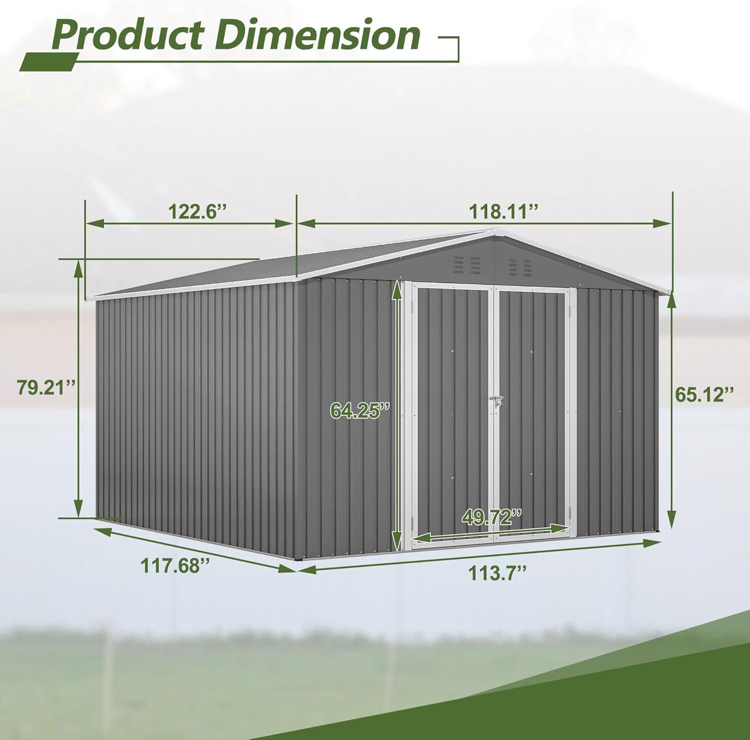 LZBEITEM 10 x 10 ft Outdoor Storage Shed with Floor Frame Kit, Galvanized Steel Garden Sheds, Garden Tool Shed with Double Lockable Doors for Backyard Patio Lawn, Grey