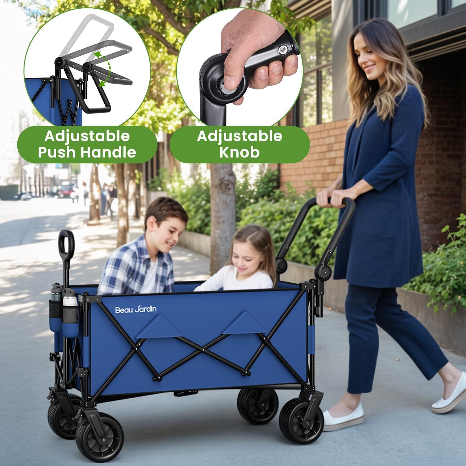 BEAU JARDIN Collapsible Folding Wagon 300 Pound Capacity Heavy Duty Foldable Beach Wagon Cart Grocery Utility Wagon for Garden Sports Shopping Outdoor All Terrain Wheel Portable Black