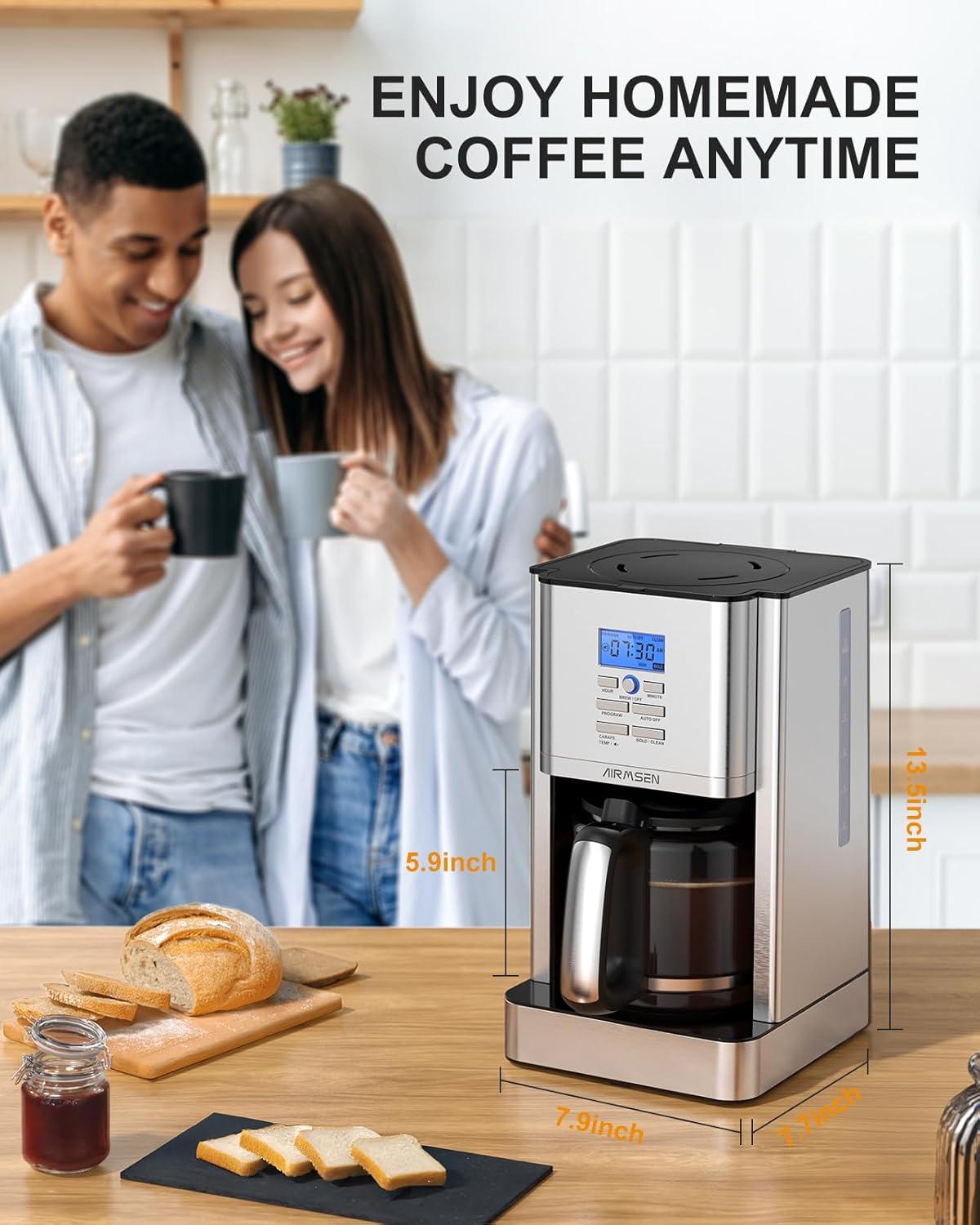 AIRMSEN Stainless Steel 12 Cup Drip Coffee Maker, Programmable Coffee Machine Self-Cleaning