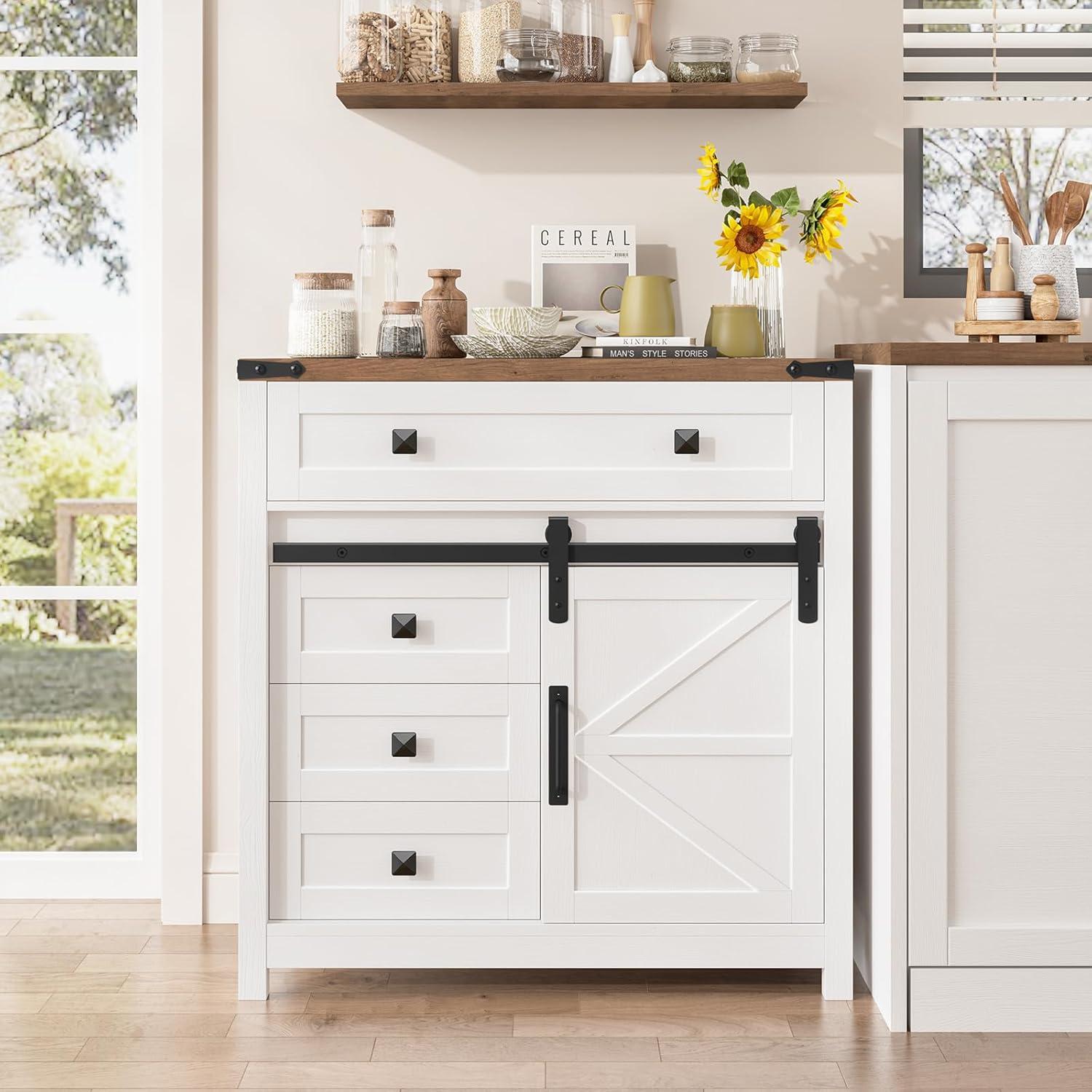 Farmhouse Storage Cabinet, Bathroom Cabinet with Sliding Barn Doors, Floor Storage Cabinet with Adjustable Shelves and 4 Drawers for Kitchen, Living Room, Dining Room, Modern White