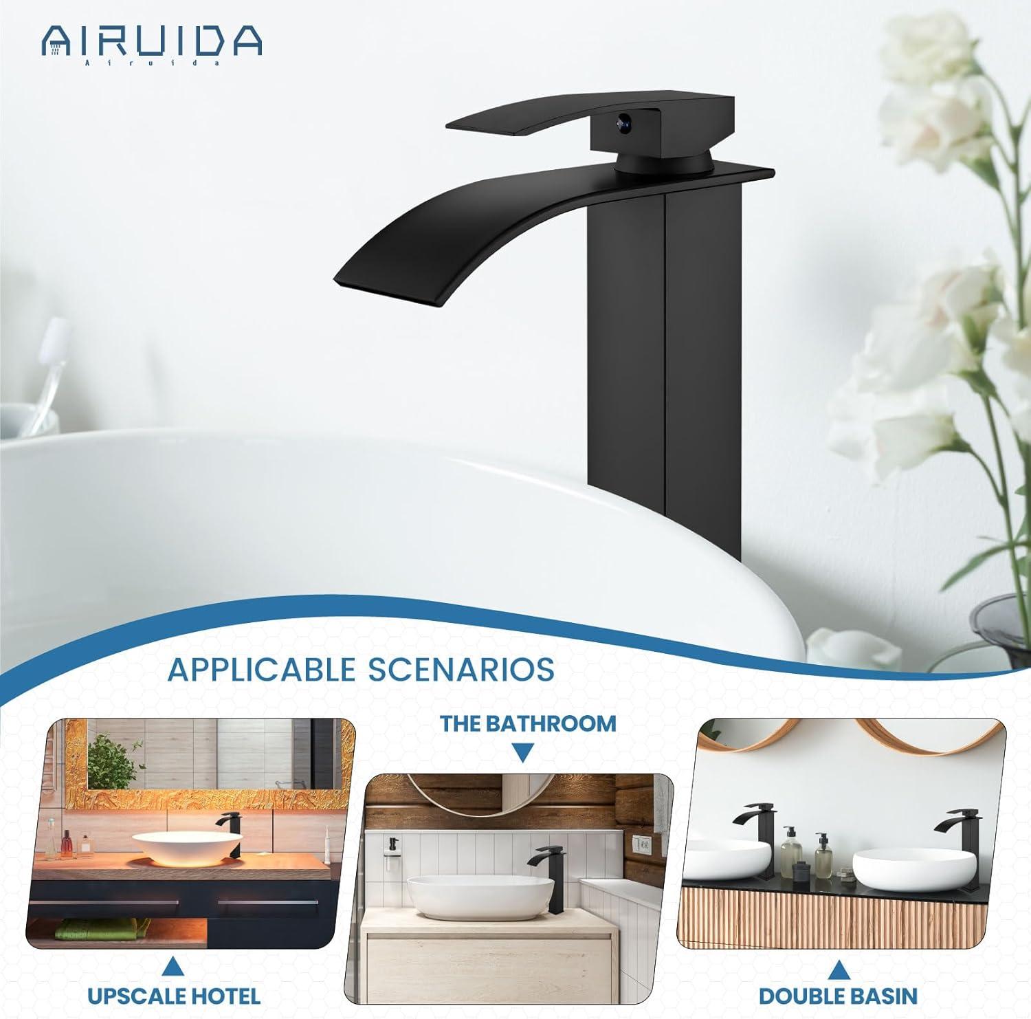 Waterfall Bathroom Faucet Single Handle，Bathroom Sink Faucet 1 Hole，Waterfall Faucet for Bathroom Sink，Vessel Sink Faucet Matte Black Tall Bathroom Faucet