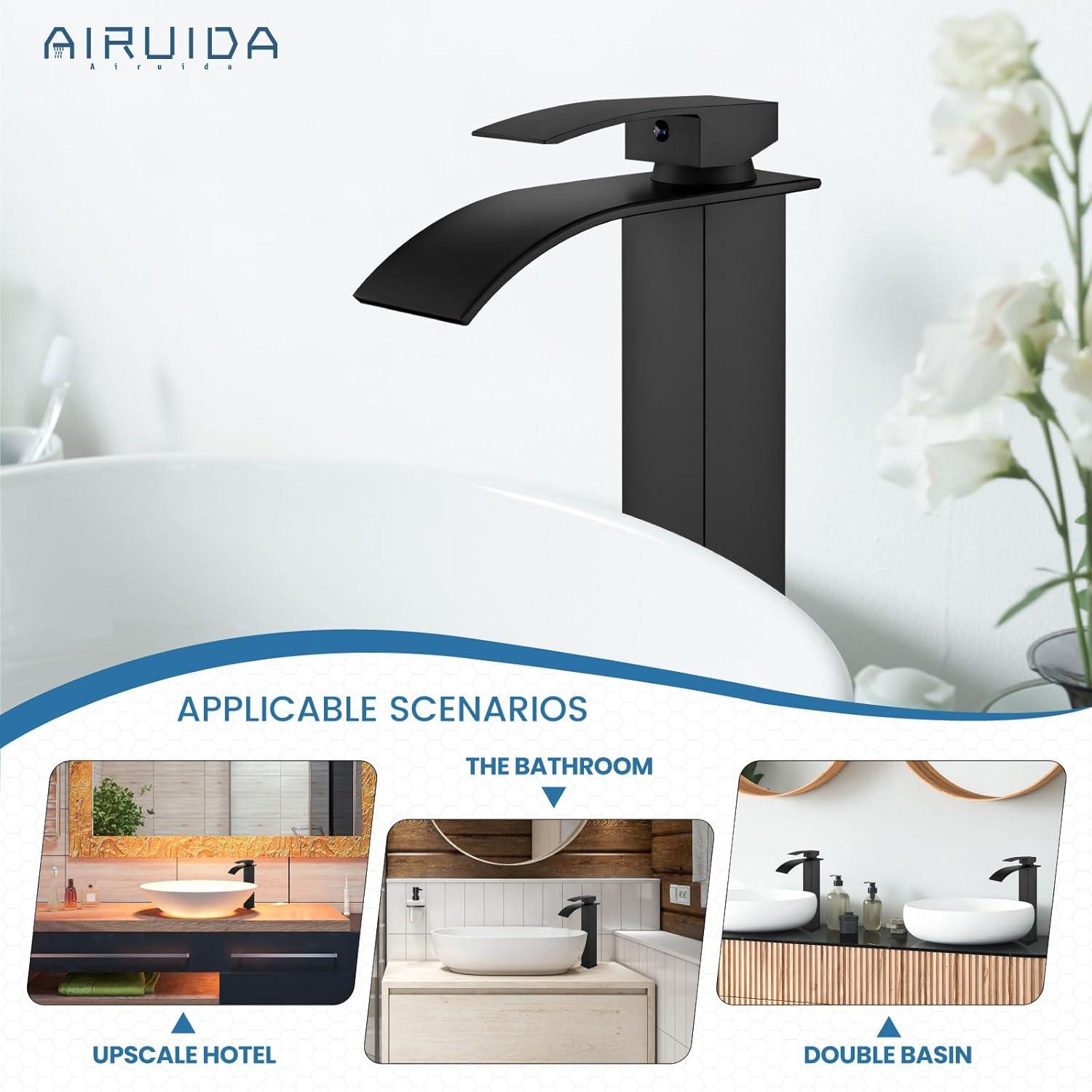 Waterfall Bathroom Faucet Single Handle，Bathroom Sink Faucet 1 Hole，Waterfall Faucet for Bathroom Sink，Vessel Sink Faucet Matte Black Tall Bathroom Faucet