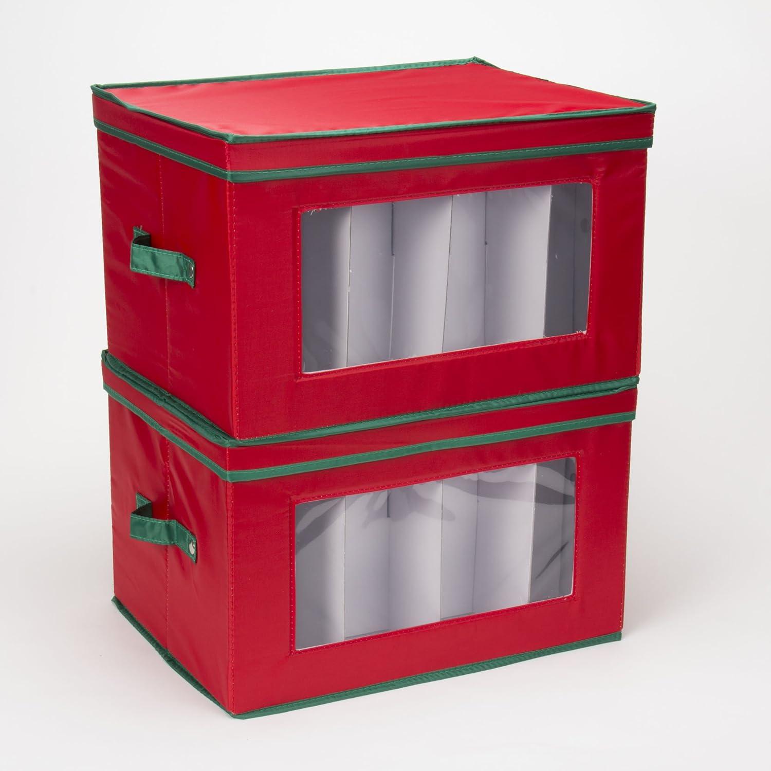 Household Essentials Holiday Stemware Storage Box, Windowed Storage with Lid, 12 Storage Compartments, Red with Green Trim
